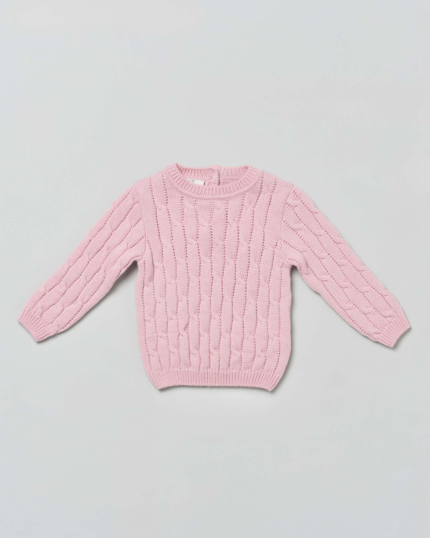 Maglia rosa girocollo in pura lana a trecce