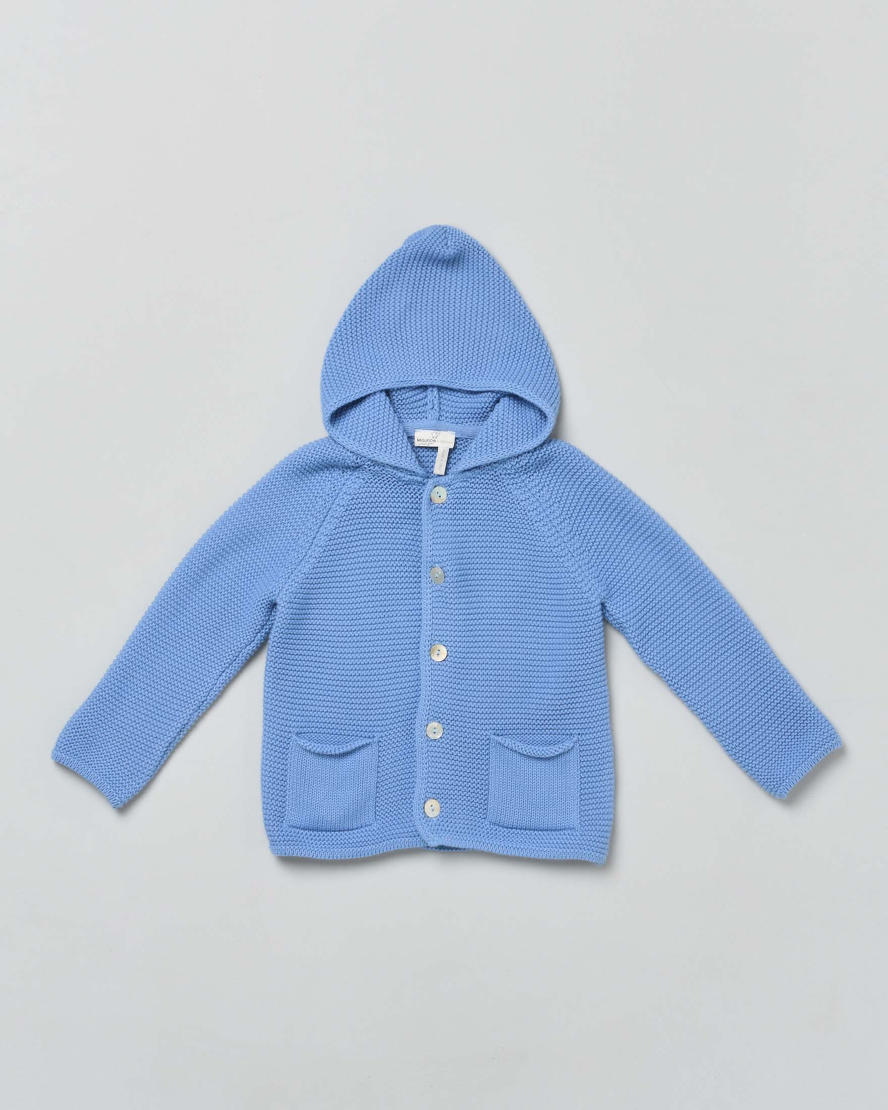 Cardigan tricot azzurro in puro cotone con cappuccio