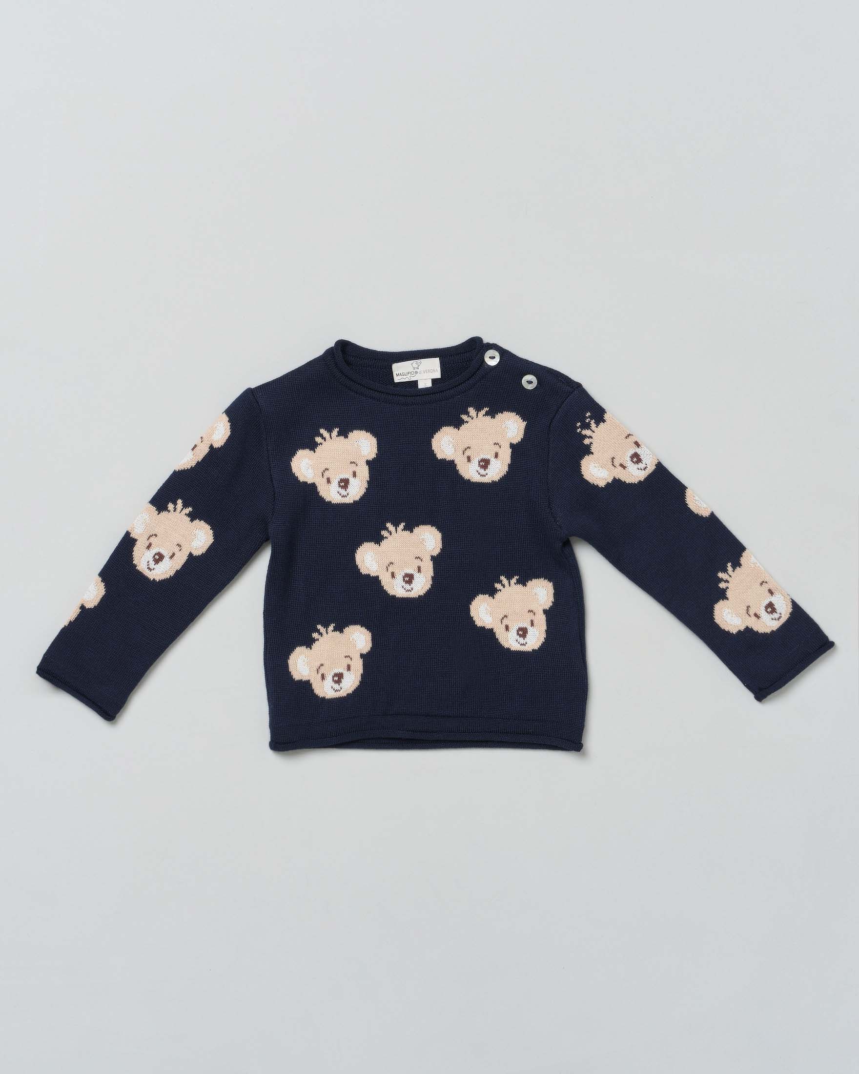 Maglia blu girocollo in lana con orsetti jacquard