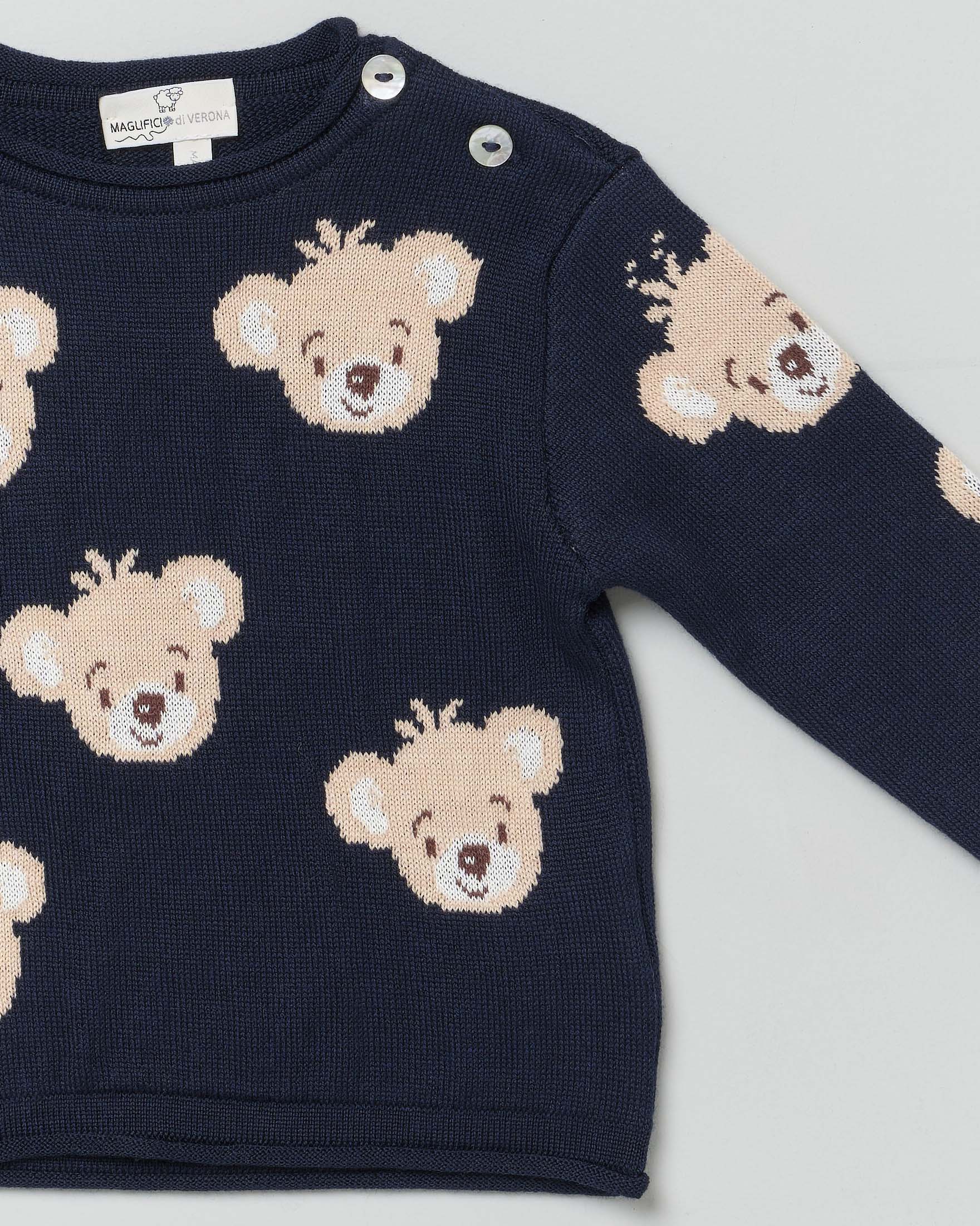 Maglia blu girocollo in lana con orsetti jacquard image