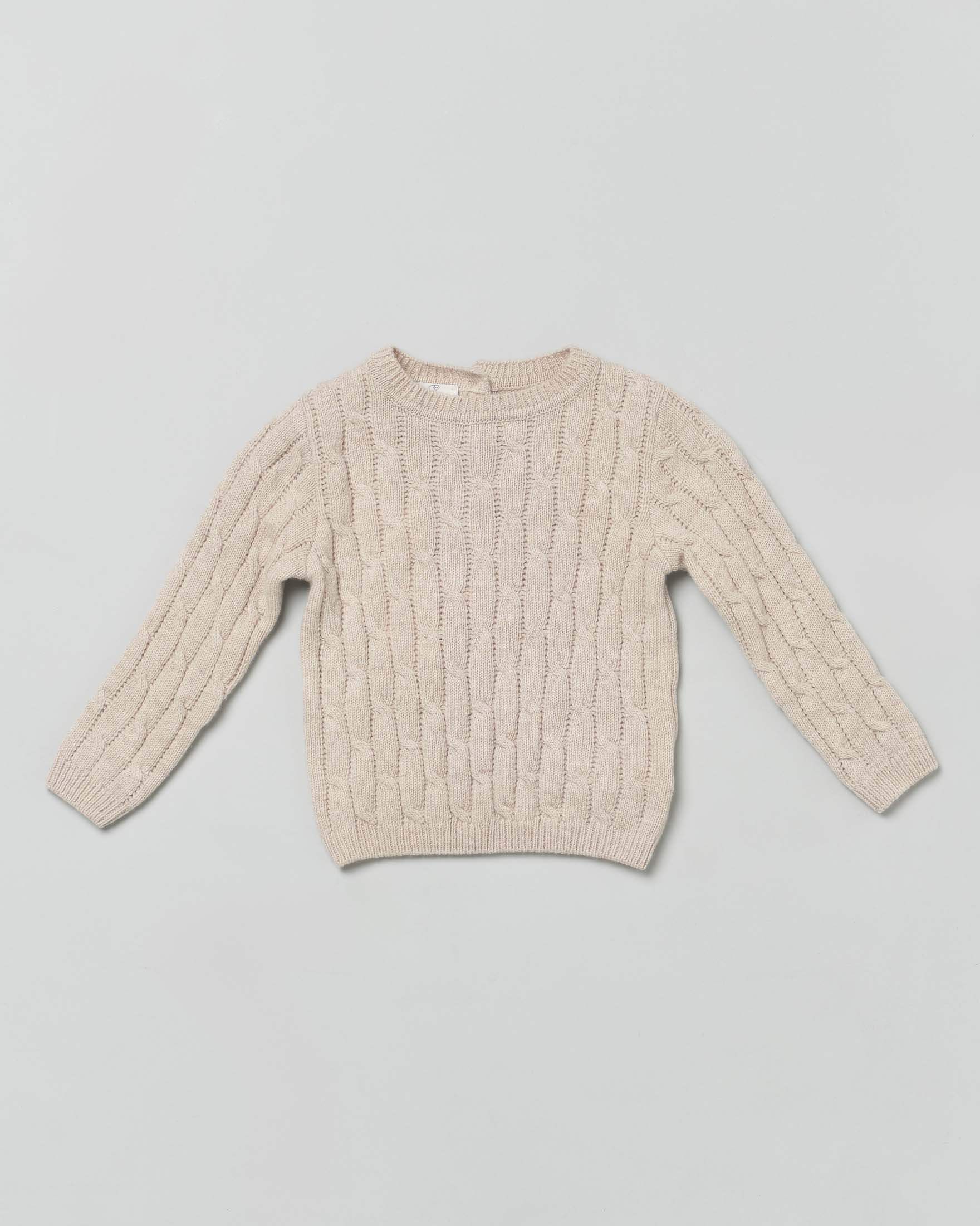 Maglia beige girocollo in pura lana a trecce