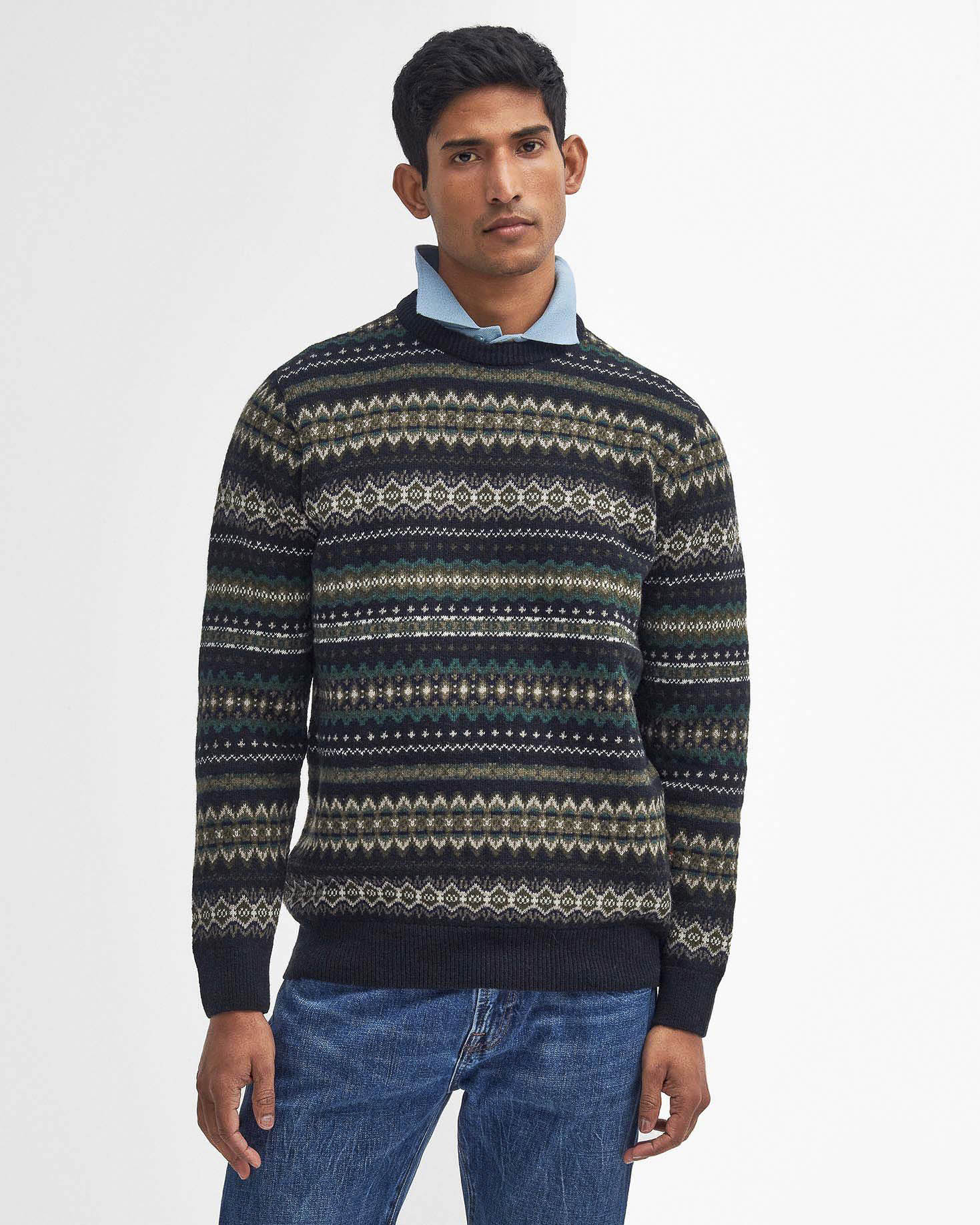 Maglia Barbour nera girocollo in pura lana con fantasia norvegese