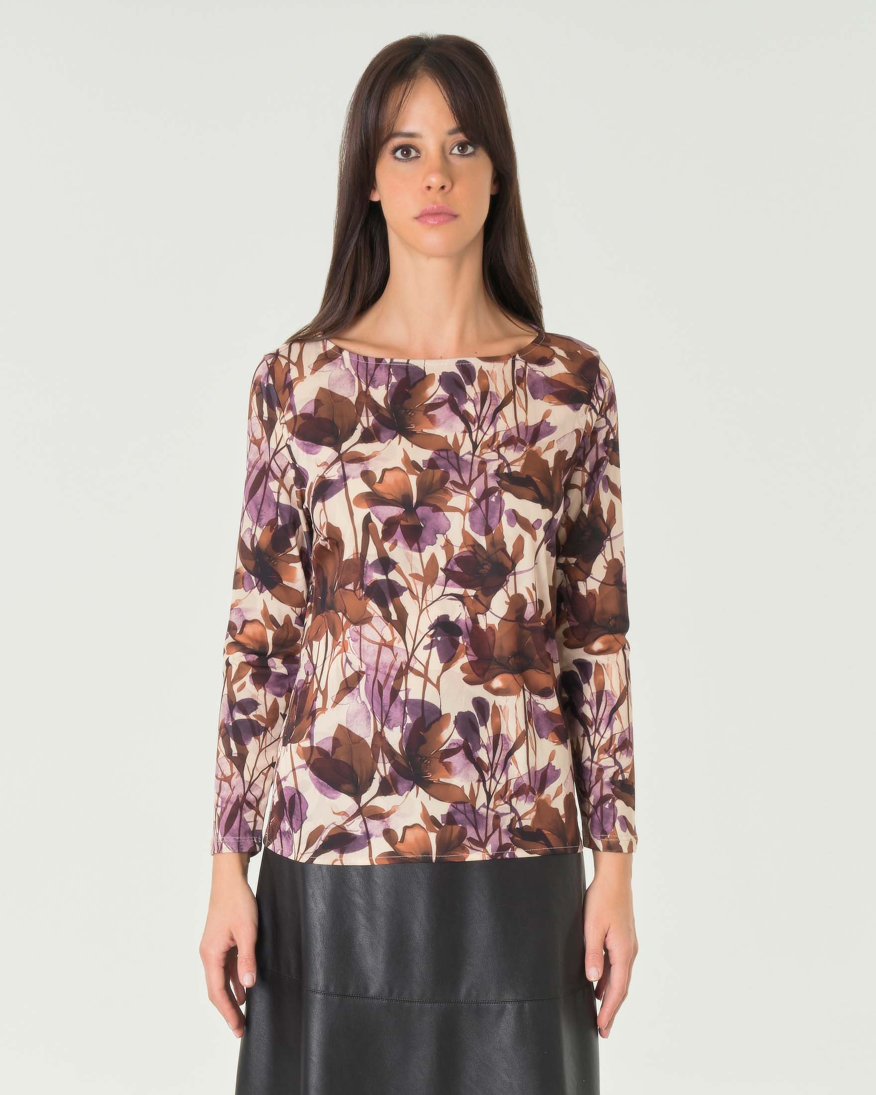 Blusa a fantasia avorio a fantasia floreale marrone e viola in tessuto stretch con maniche lunghe e scollo tondo image