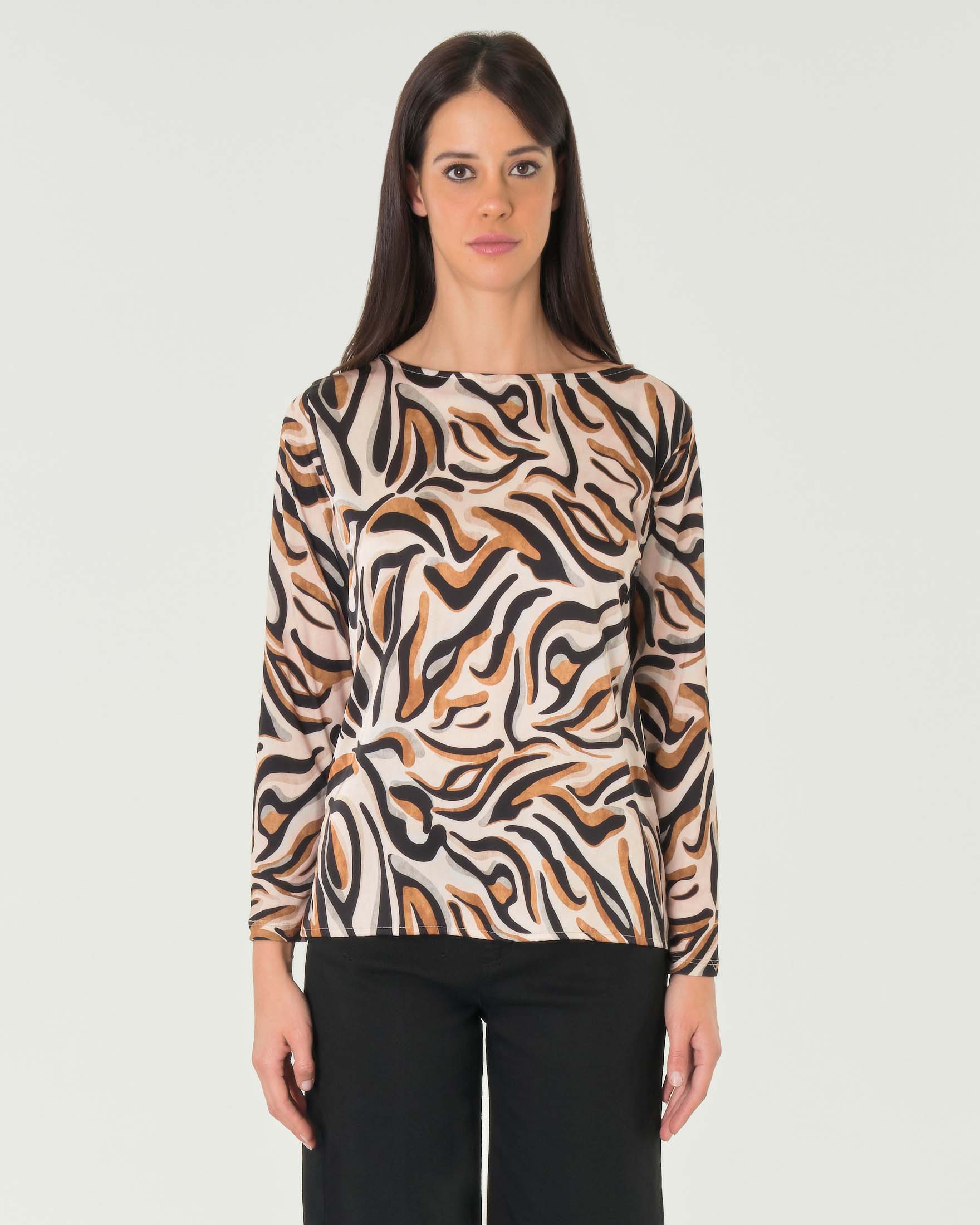 Blusa a fantasia animalier zebrata in tessuto stretch con maniche lunghe e scollo tondo image