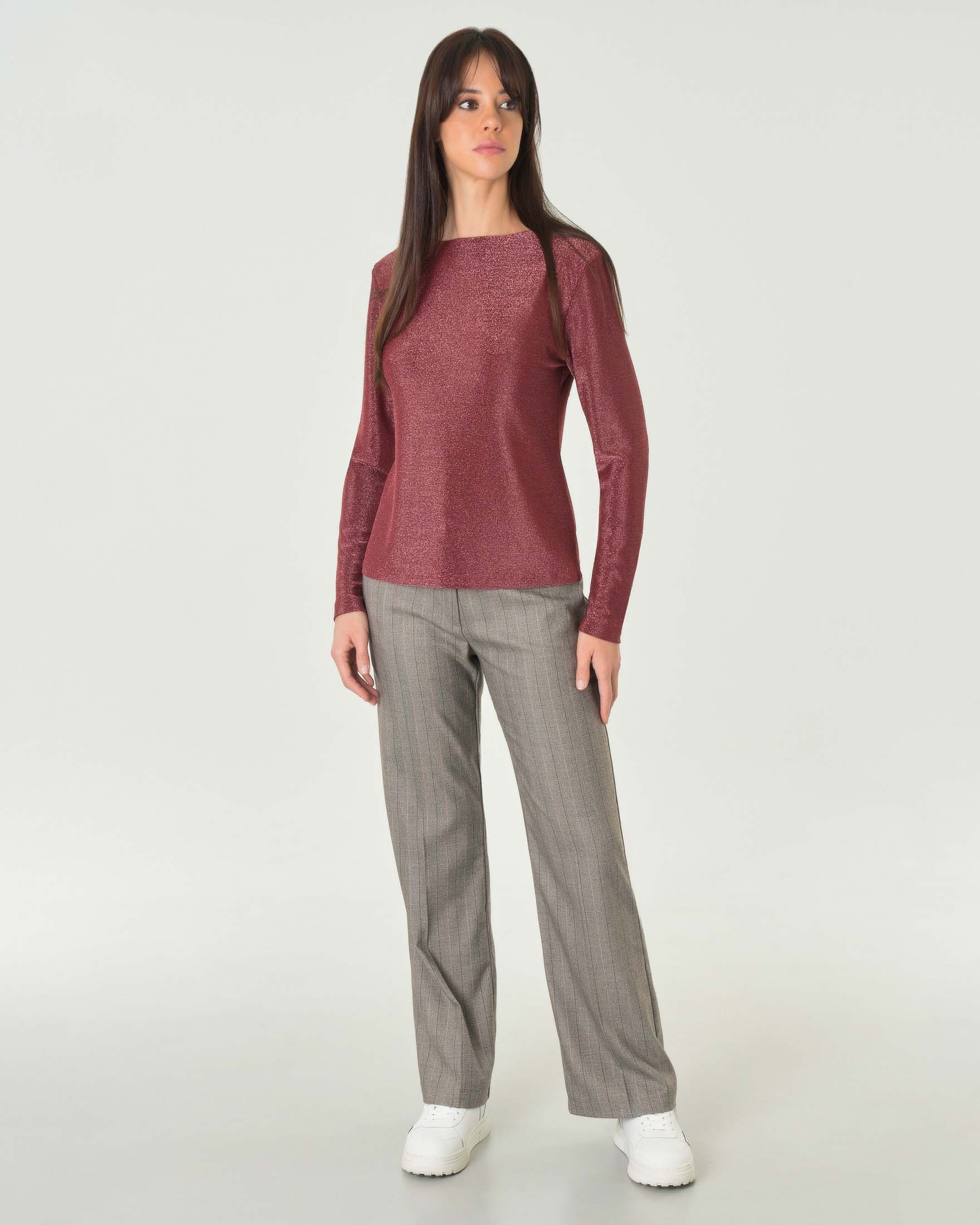T-shirt rosa a manica lunga in tessuto stretch di lurex