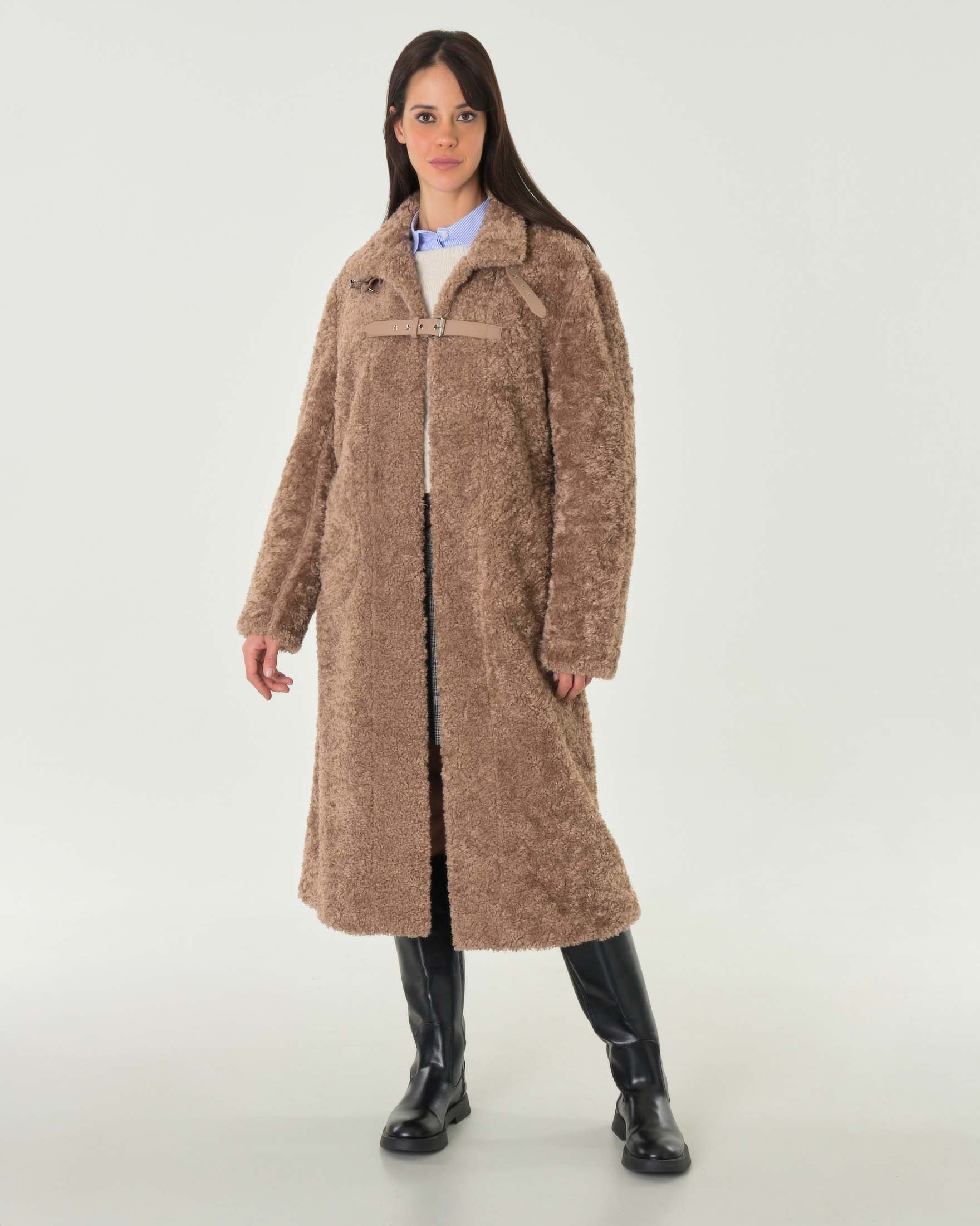 Ecopelliccia color taupe lunga effetto shearling reversibile con collo in piedi e doppio cinturino