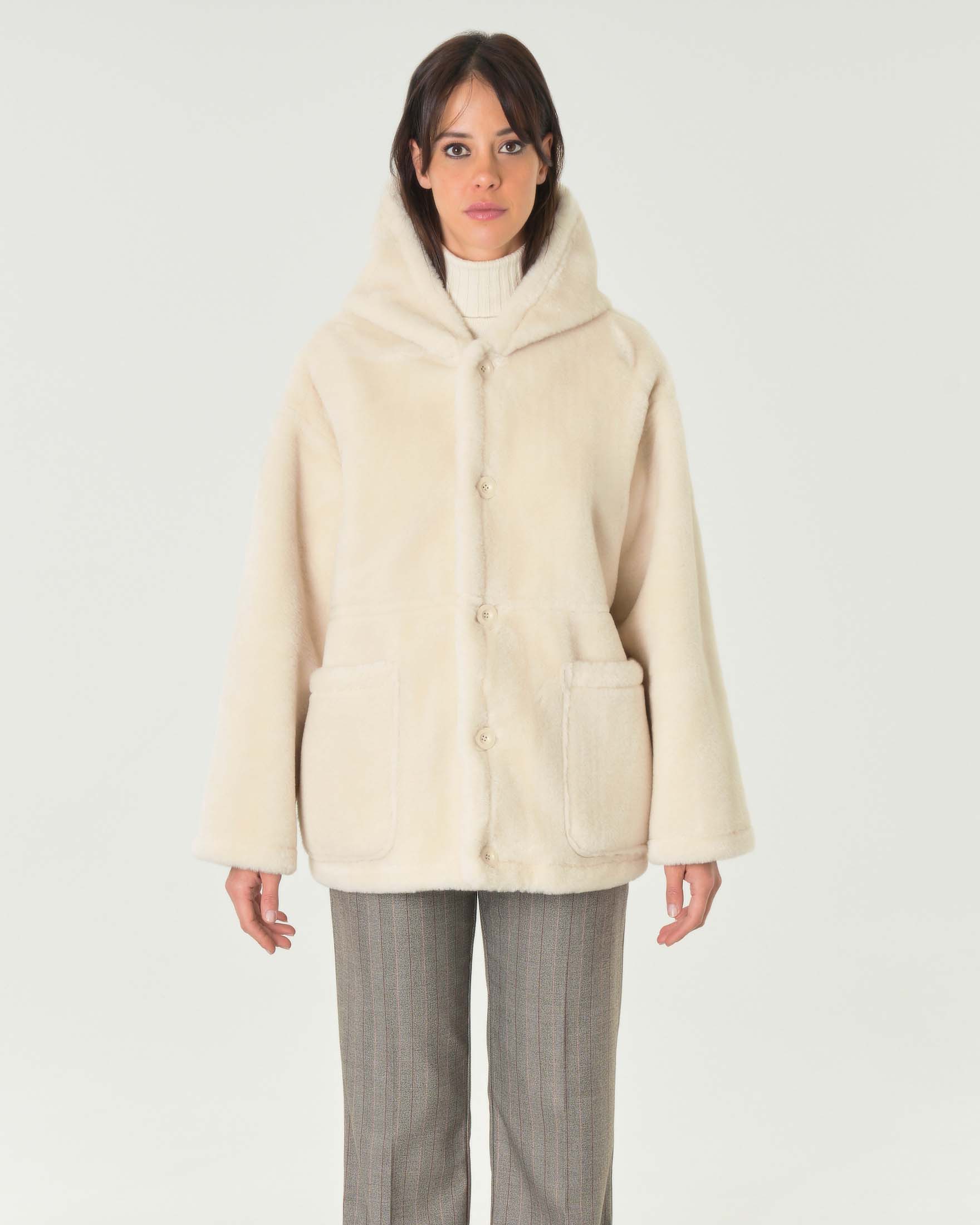 Montone color panna reversibile con cappuccio e tasche laterali applicate image