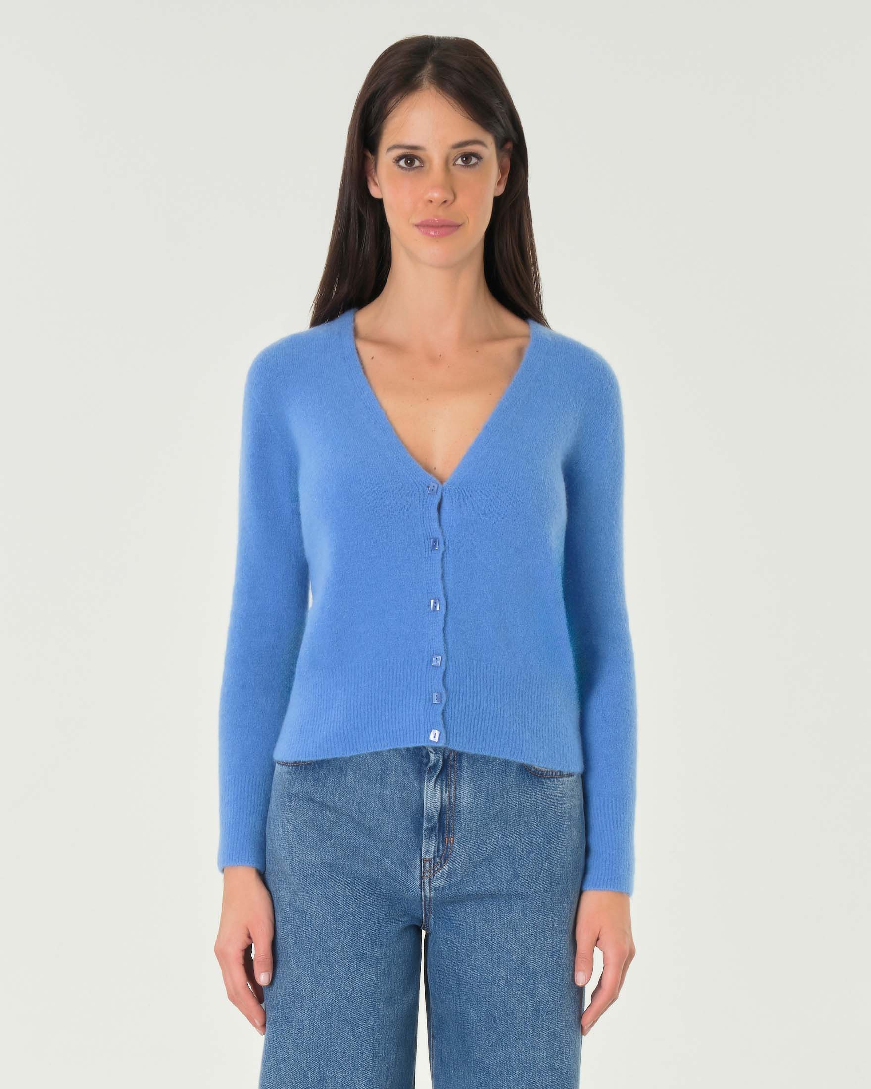 Cardigan celeste in alpaca e lana con scollo a V image