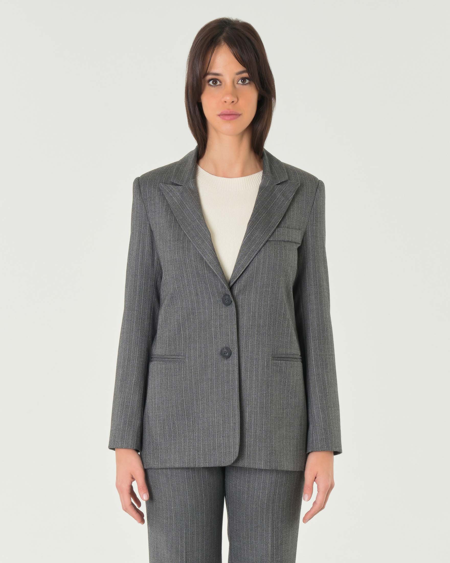 Blazer grigio gessato a fantasia spinata con scollo a rever image