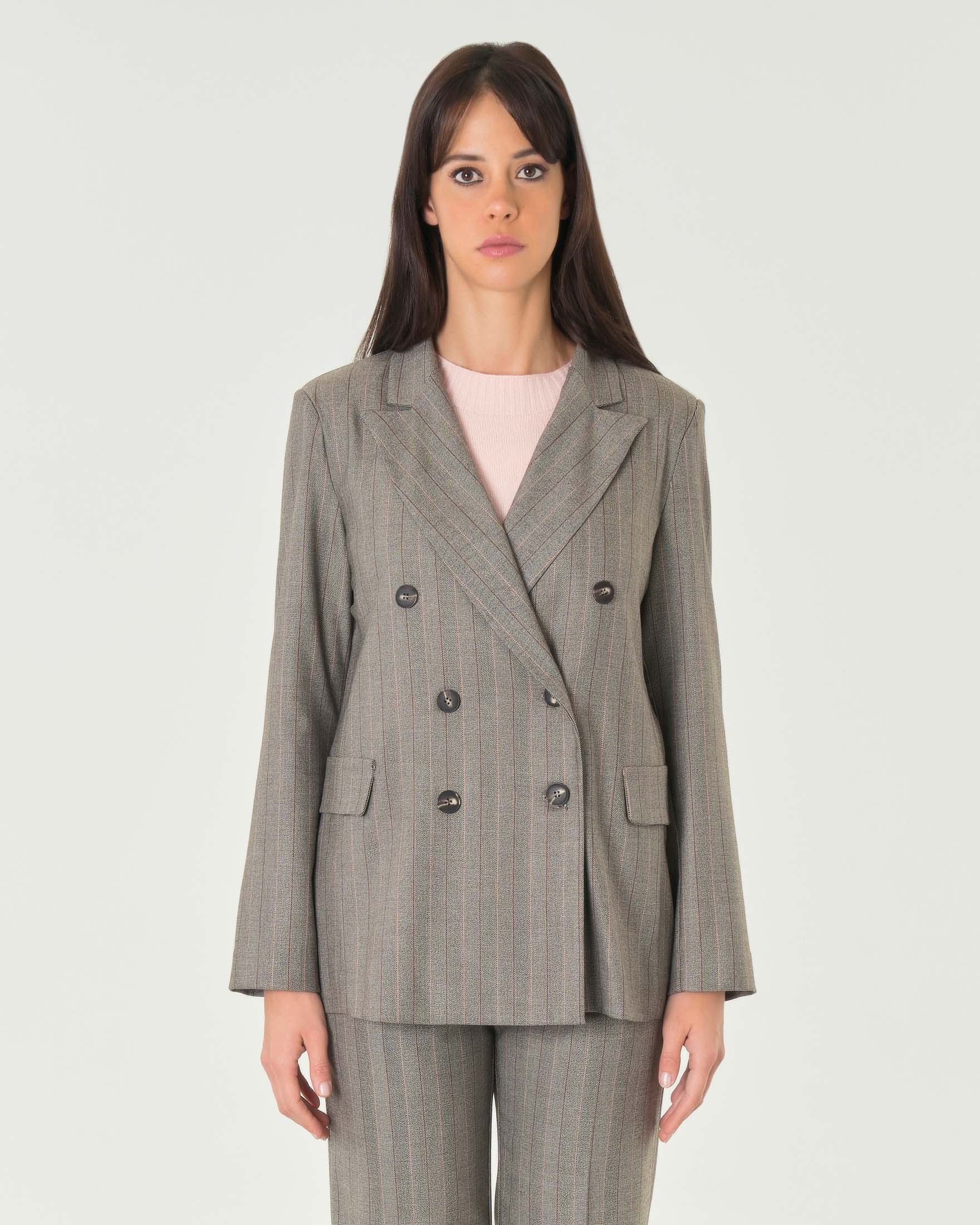 Giacca doppiopetto in misto viscosa a fantasia spinata marrone e grigio image