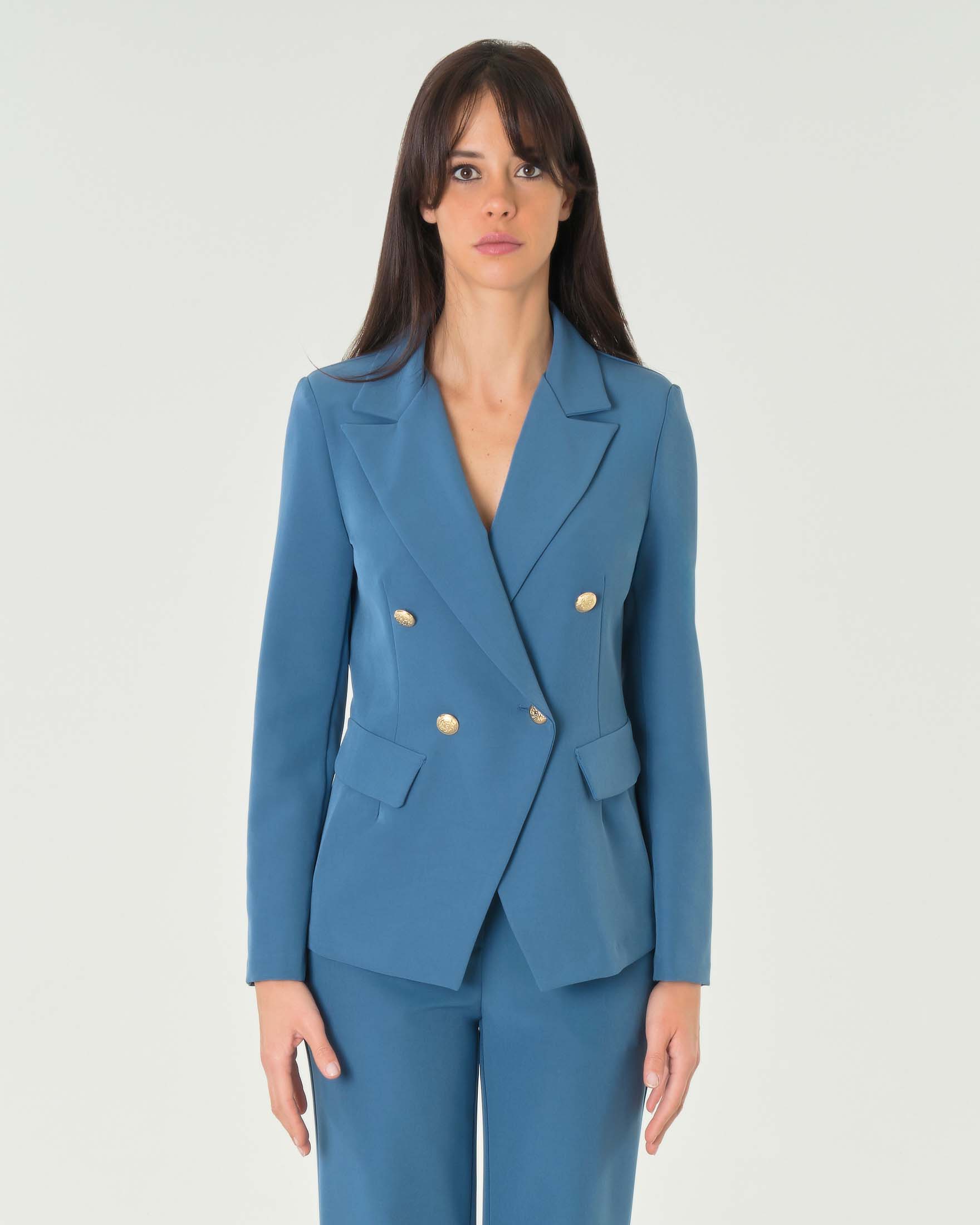 Giacca doppiopetto azzurra in tessuto tecnico dalla linea sfiancata con rever a lancia e bottoni dorati image