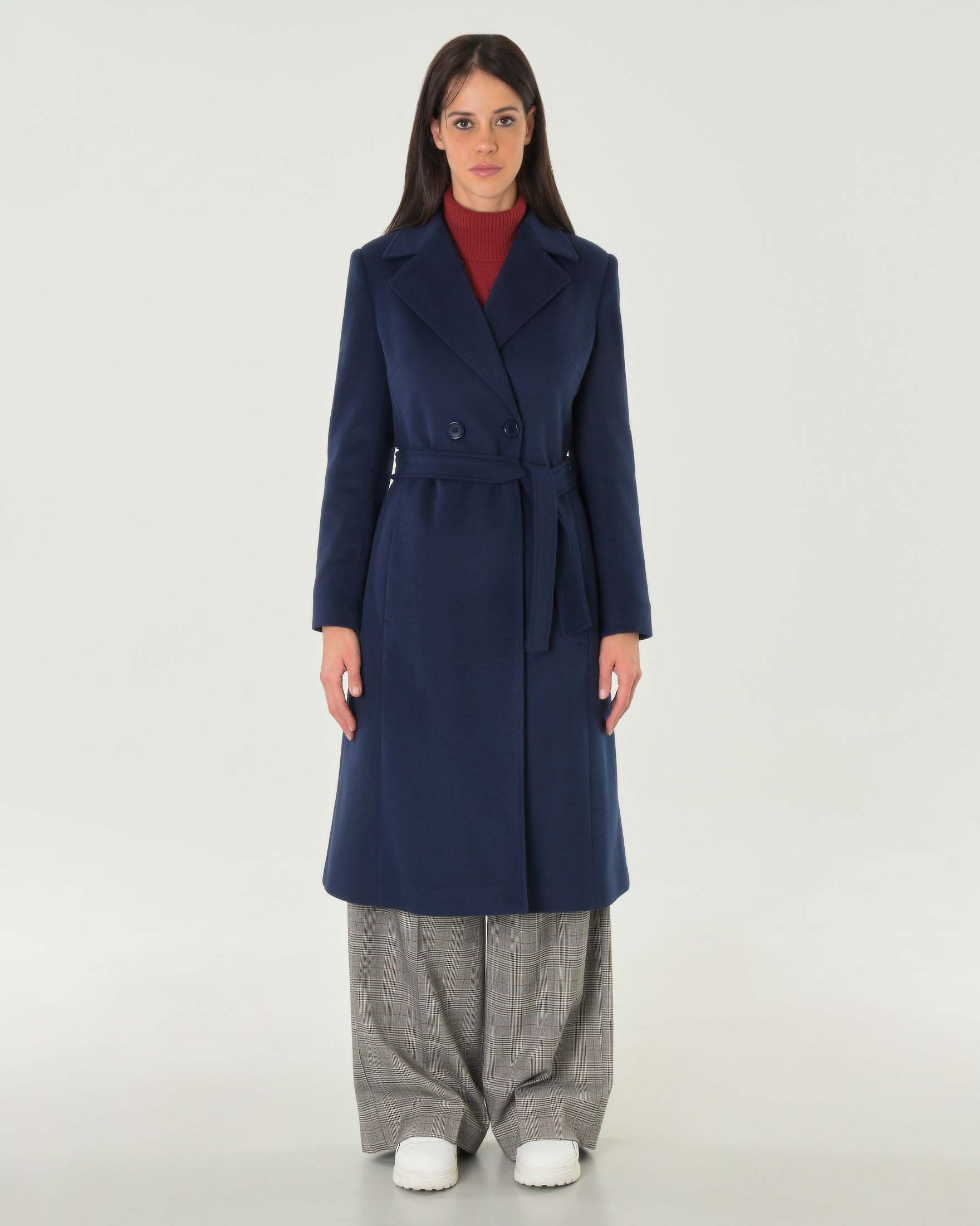 Cappotto midi blu a doppiopetto con cintura in vita abbinata image