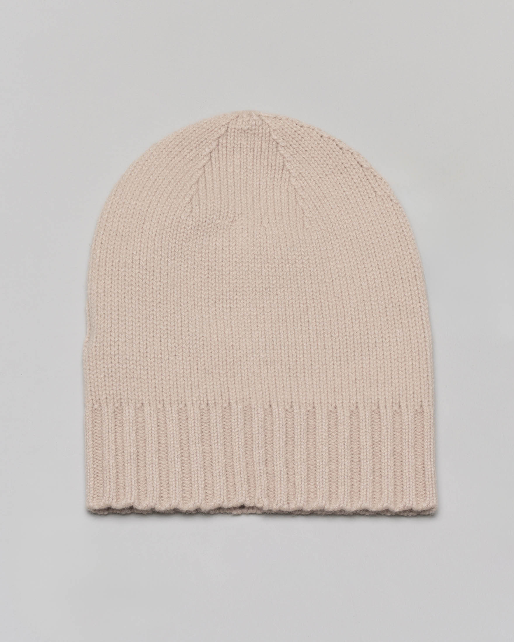 Berretto in cashmere beige con bordatura lavorata a coste