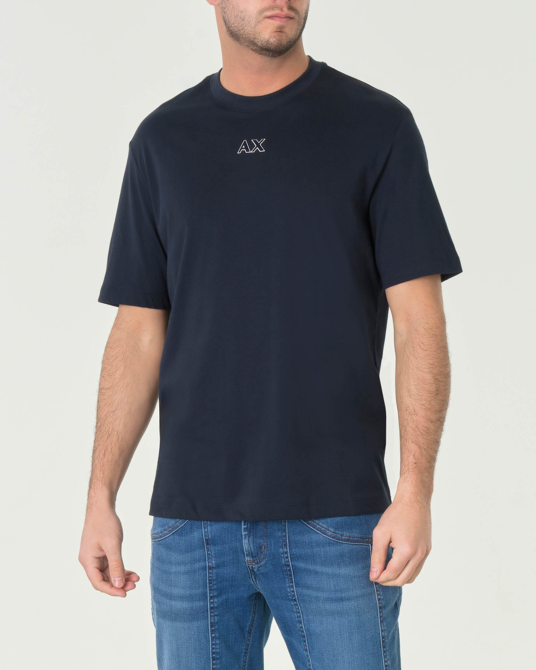 T-shirt blu mezza manica con logo piccolo AX davanti e scritta logo sul retro