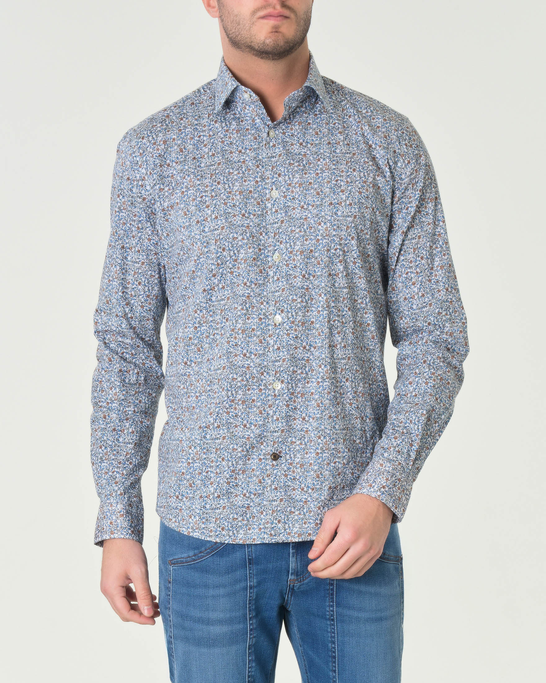 Camicia bianca in cotone stretch a fantasia floreale azzurra e arancio