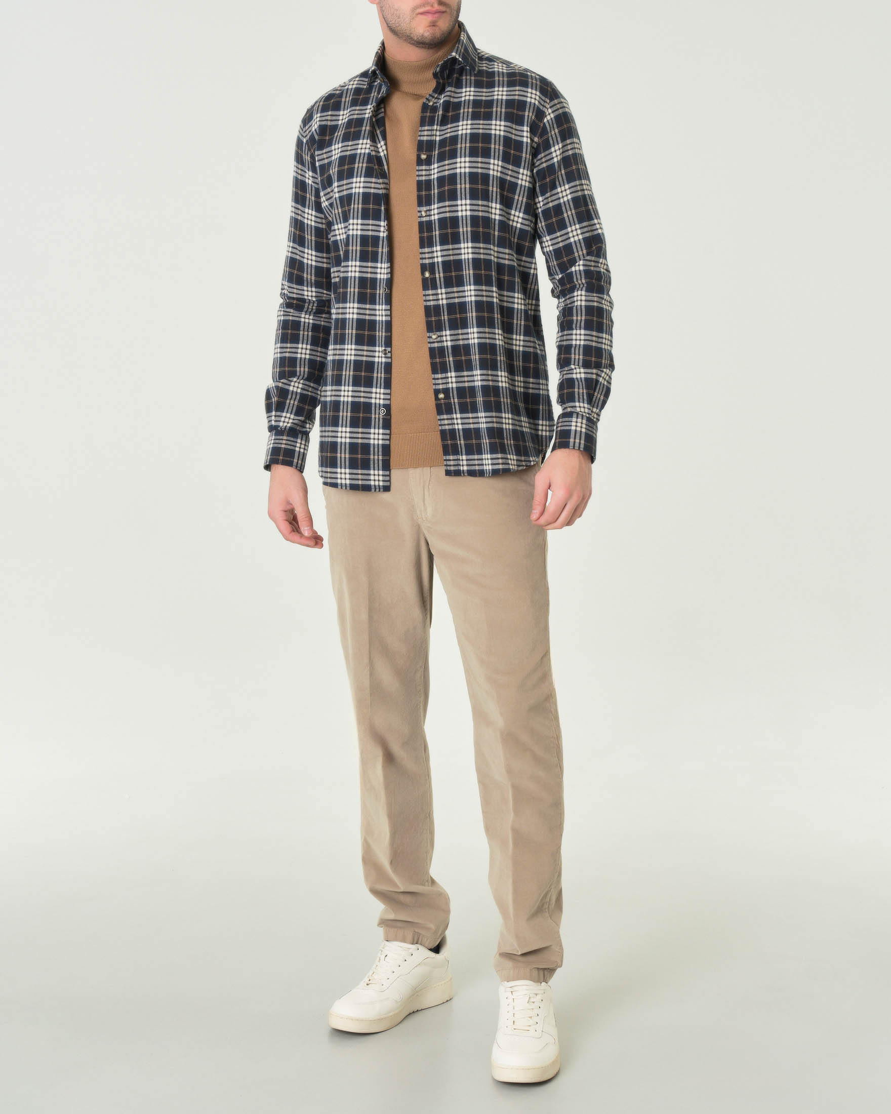 Camicia blu in flanella di puro cotone a fantasia check bianca e cammello