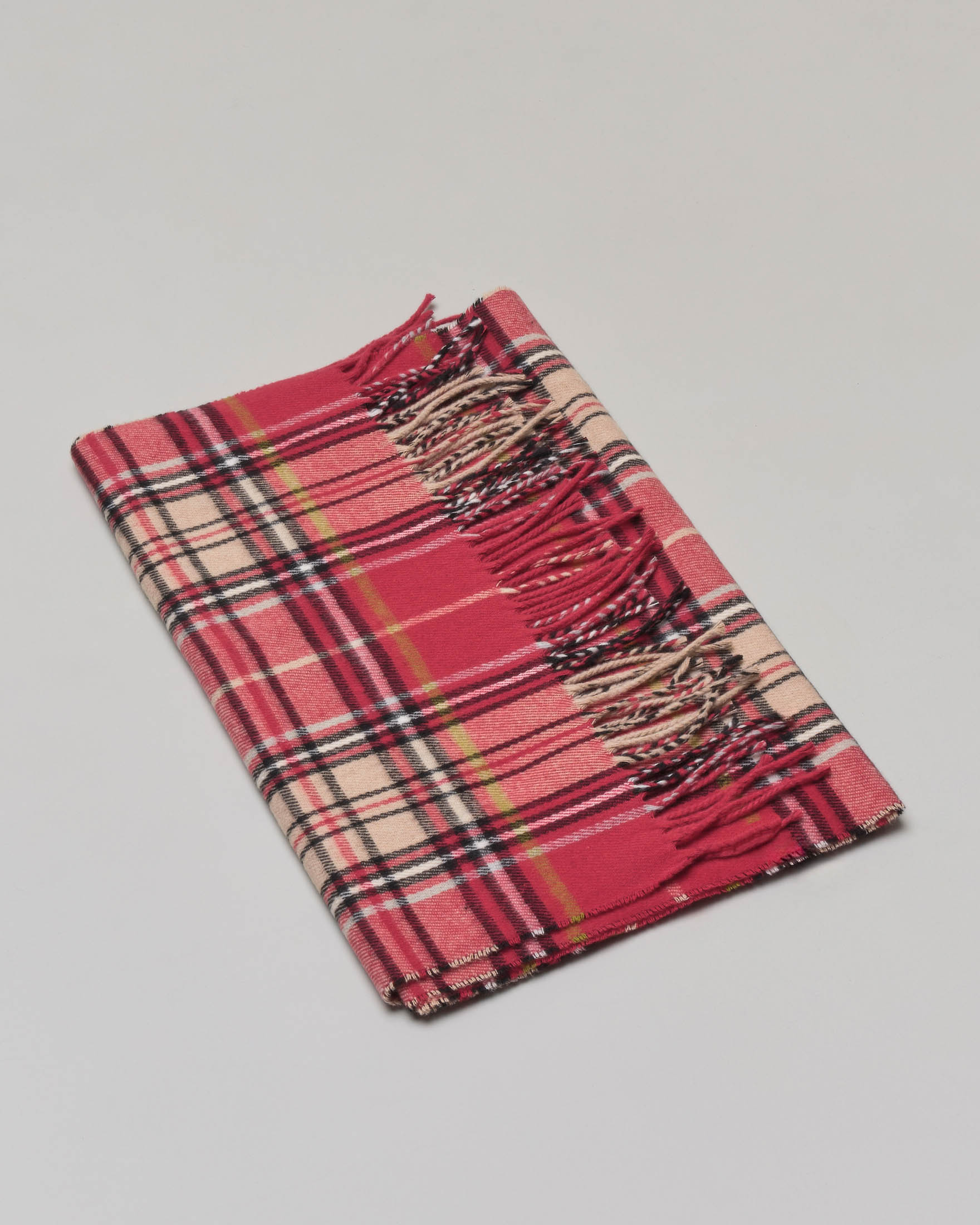 Sciarpa rossa a fantasia check color cammello in misto cotone con frange al fondo