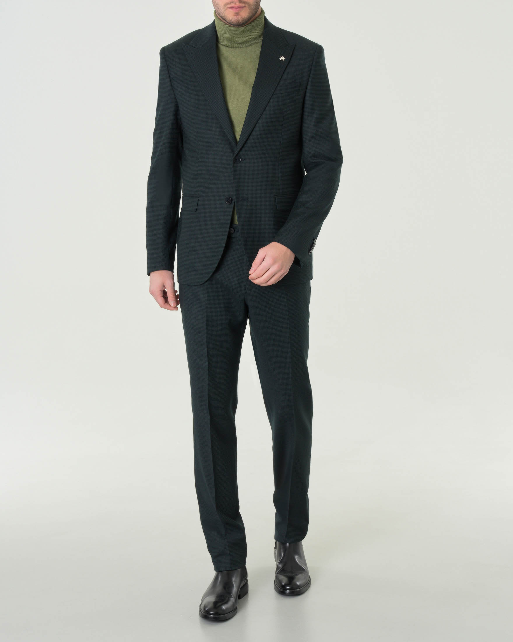 Abito monopetto verde scuro slim-fit in tela di lana stretch micro quadretto con rever a lancia