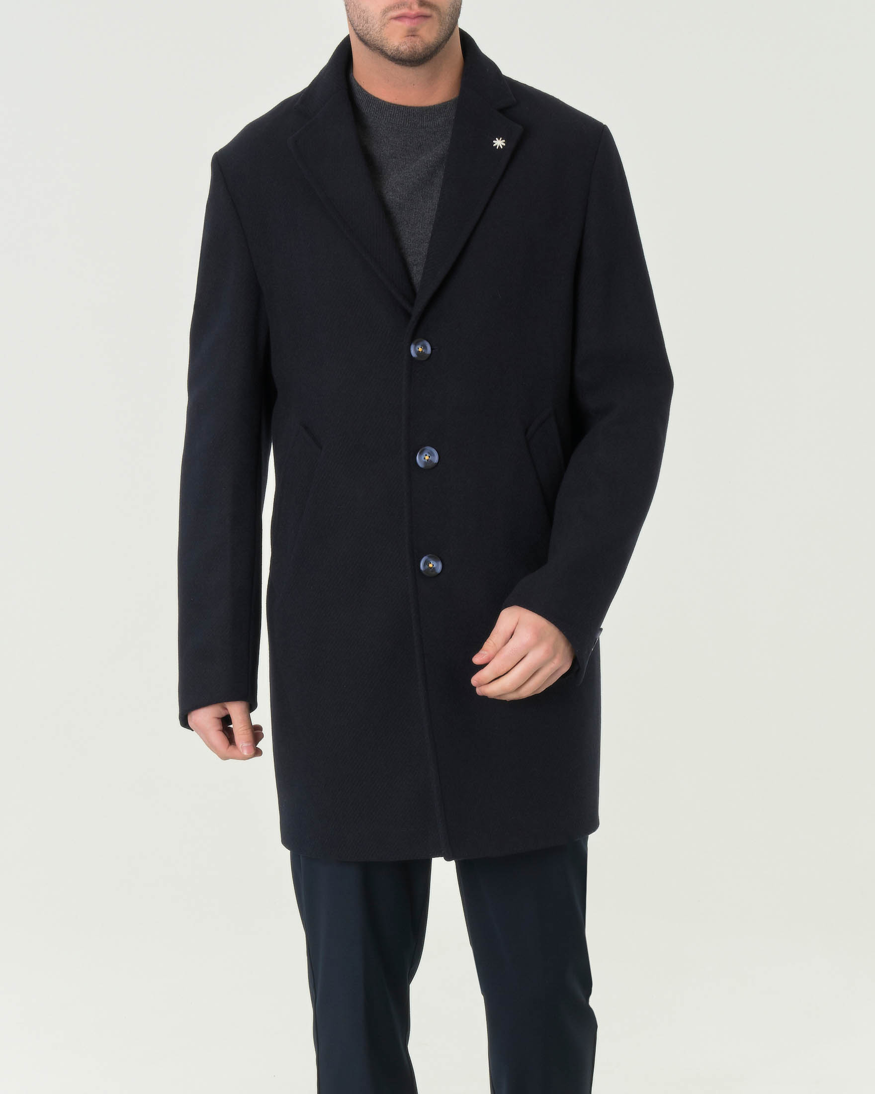 Cappotto monopetto blu slim-fit in tessuto diagonale di misto lana