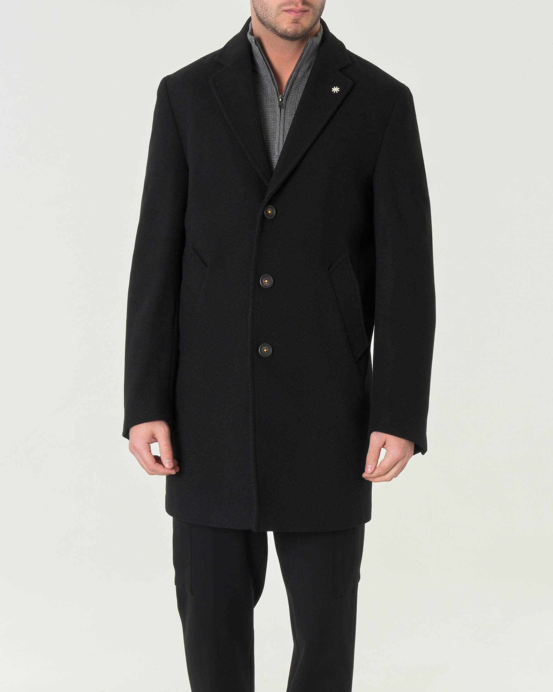 Cappotto monopetto nero slim-fit in tessuto diagonale di misto lana