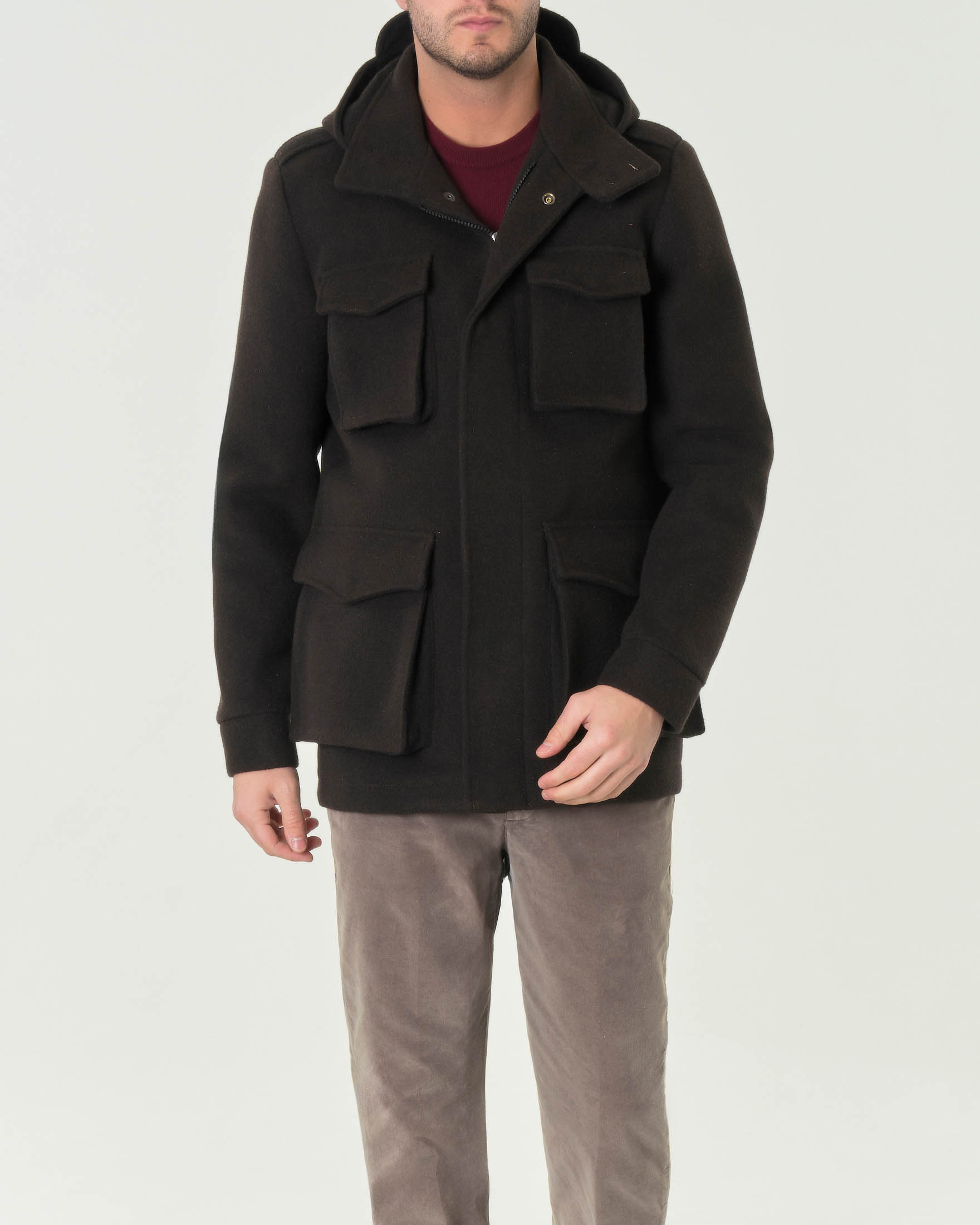 Field Jacket marrone in panno di lana accoppiata con cappuccio