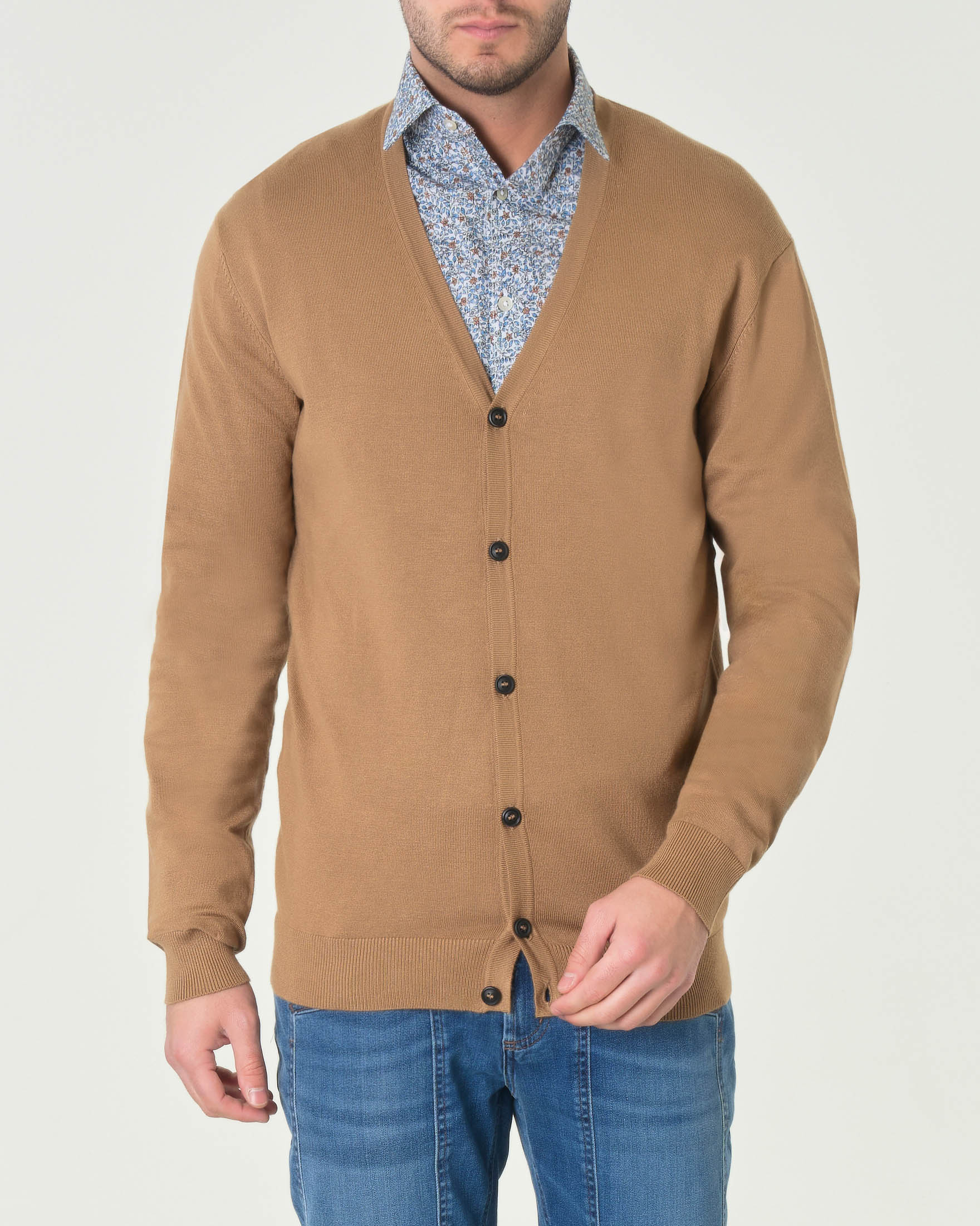 Cardigan cammello tinta unita in maglia di viscosa