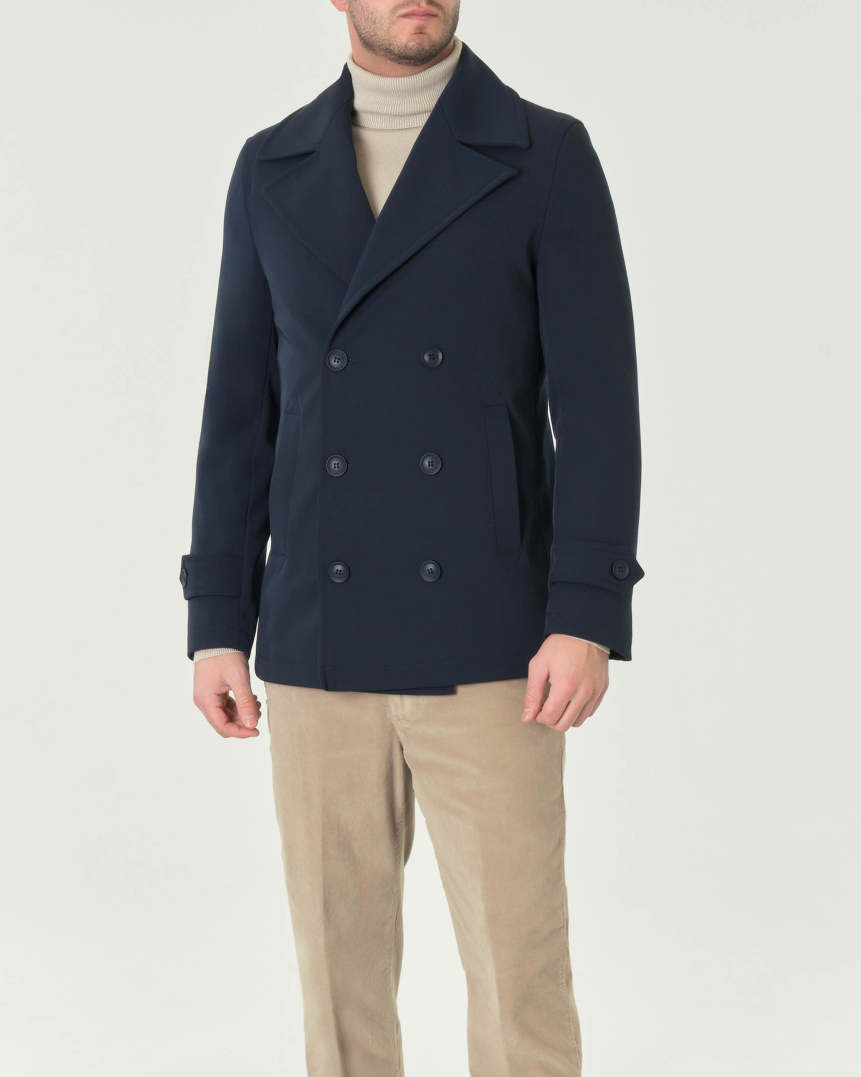 Caban doppiopetto blu in tessuto tecnico imbottito con rever ampio