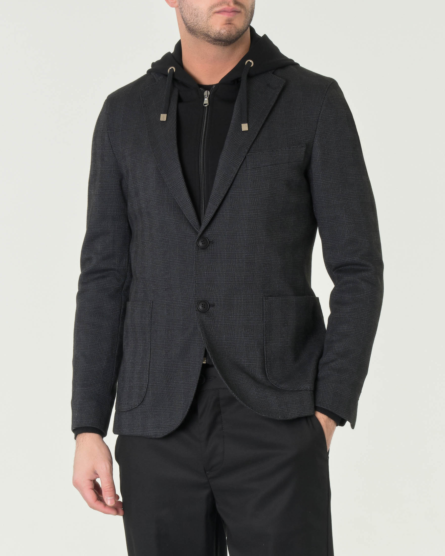 Blazer nero in Principe di Galles con pettorina removibile in