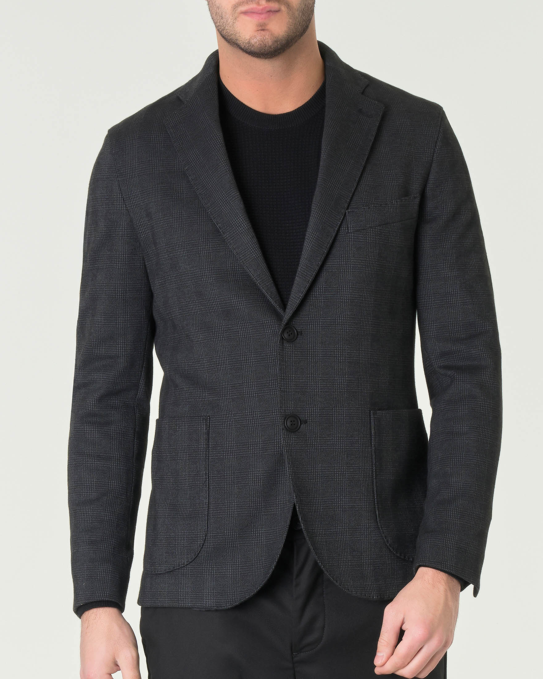 Blazer nero in Principe di Galles con pettorina removibile in felpa con cappuccio image