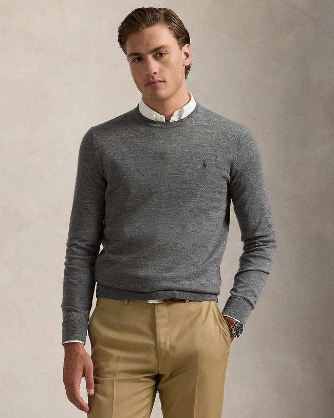 Maglia Polo Ralph Lauren grigia girocollo in pura lana merino con logo pony ricamato in tono sul petto