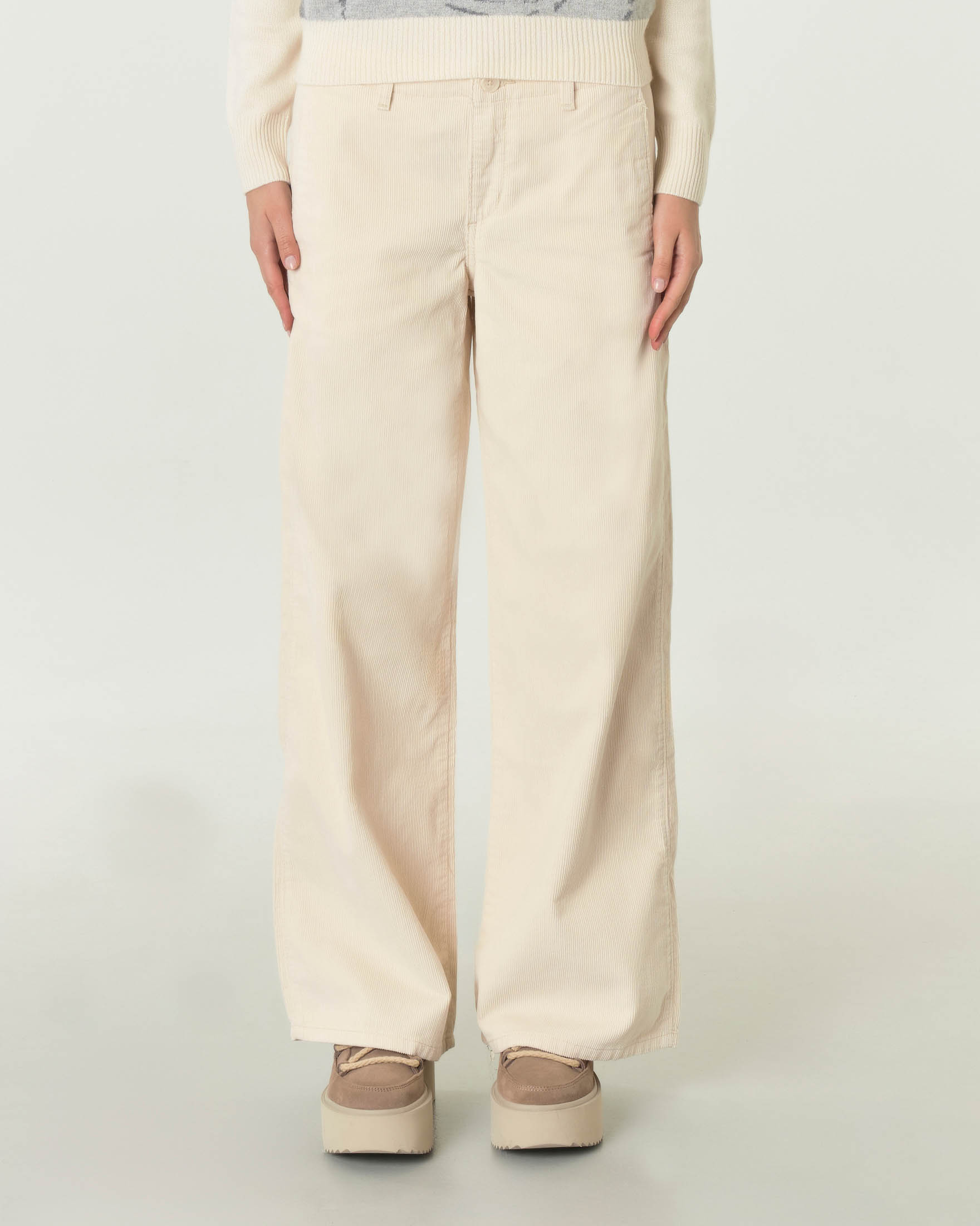 Pantaloni color panna in cotone dalla linea wide in velluto a righe image