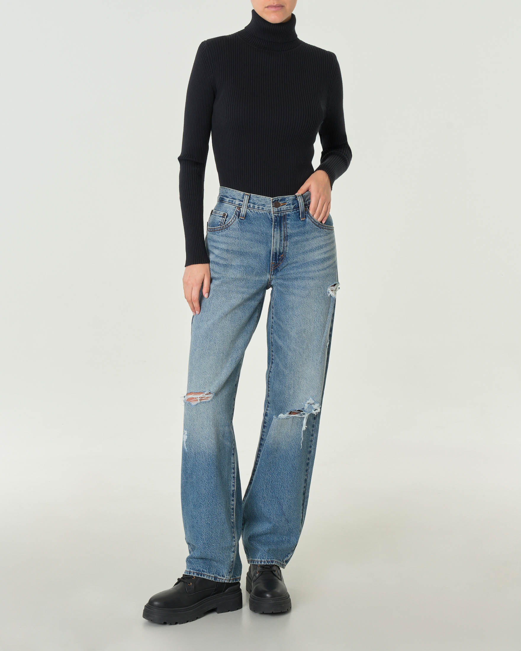 Jeans baggy in cotone e lyocell blu super stone washed con rotture lungo le gambe