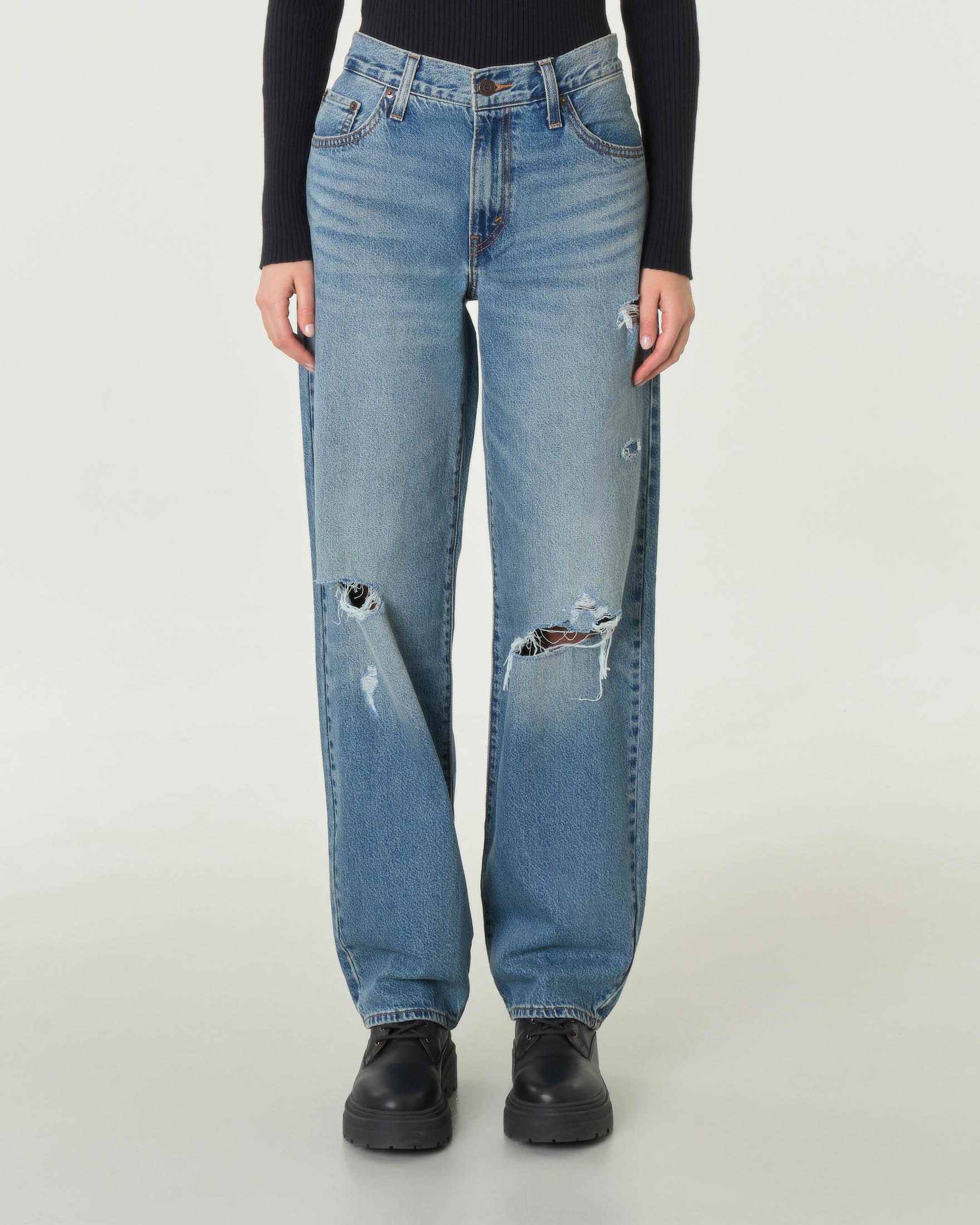 Jeans baggy in cotone e lyocell blu super stone washed con rotture lungo le gambe image