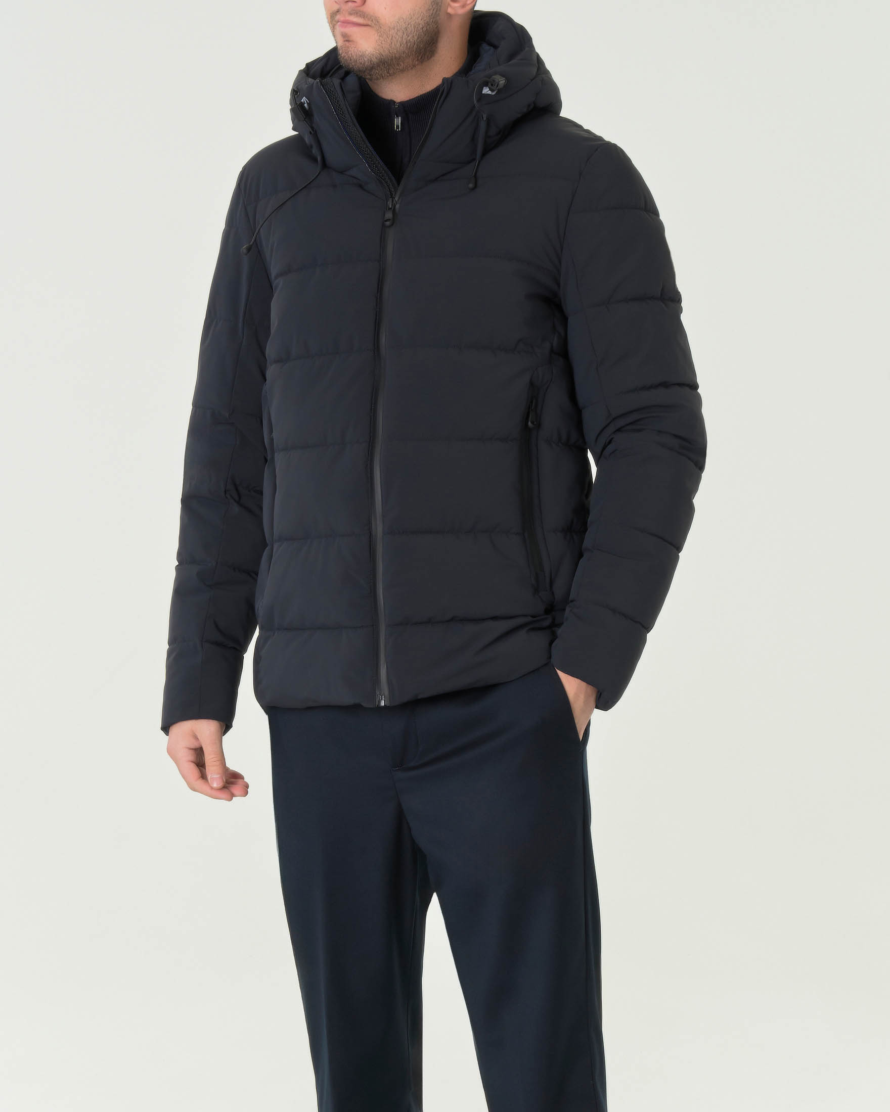 Piumino blu con cappuccio in tessuto tecnico imbottito