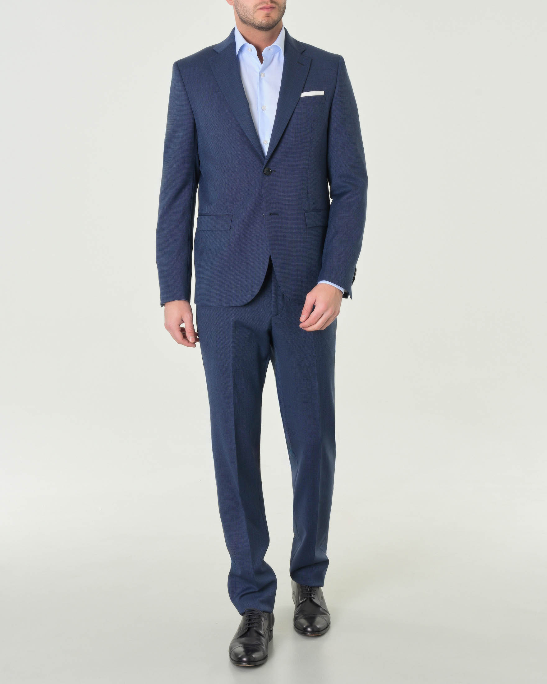 Abito monopetto blu indaco slim-fit in tessuto punto spillo di misto lana stretch