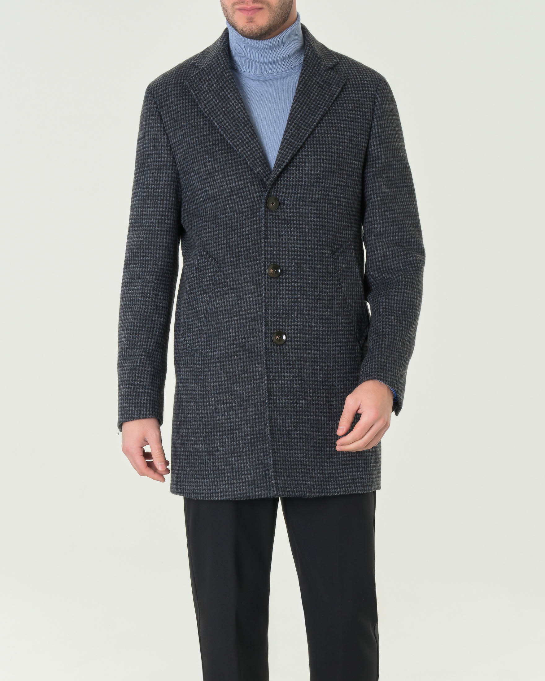 Cappotto monopetto grigio e nero in tessuto di misto lana armaturato a quadretti