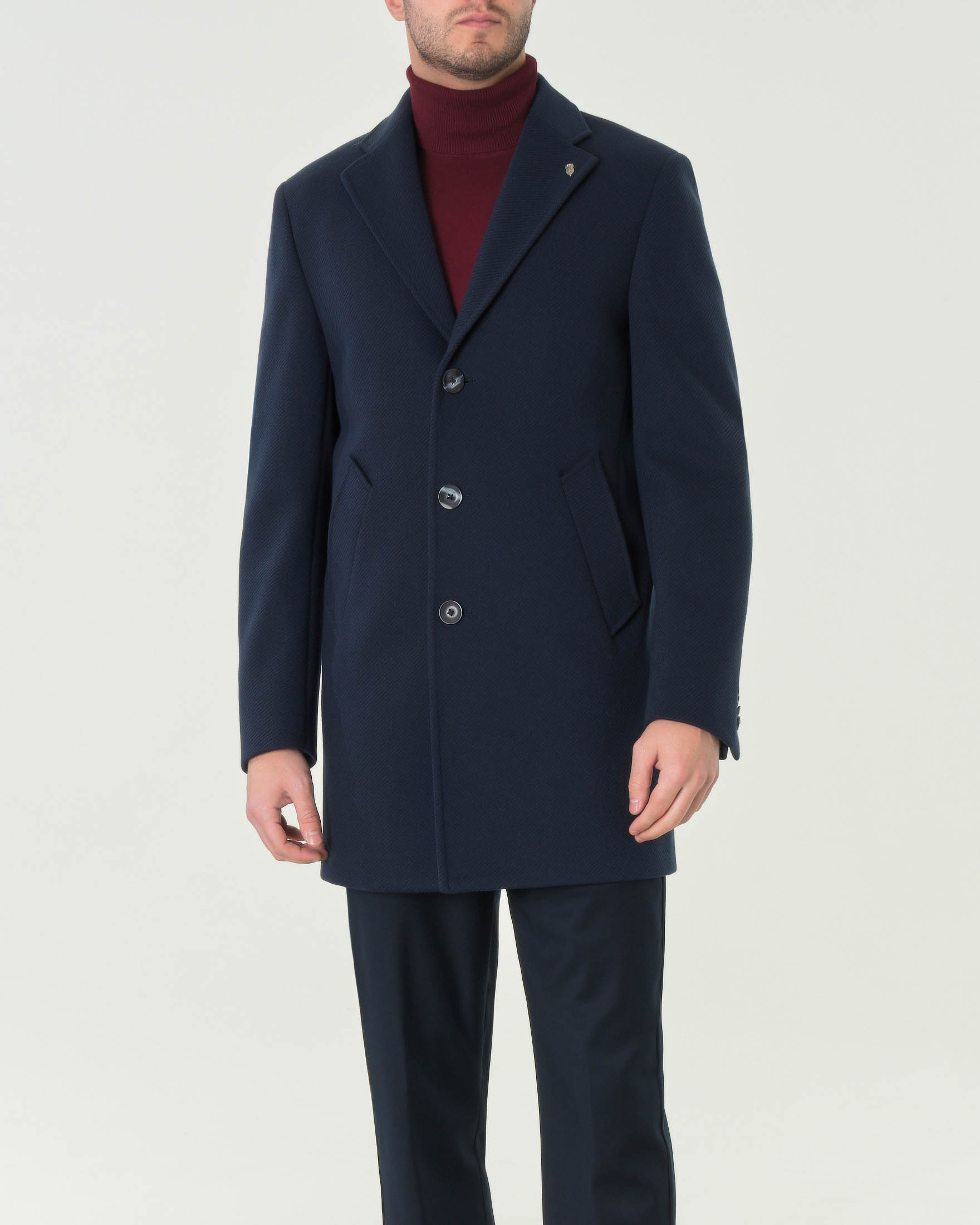 Cappotto monopetto blu in tessuto diagonale