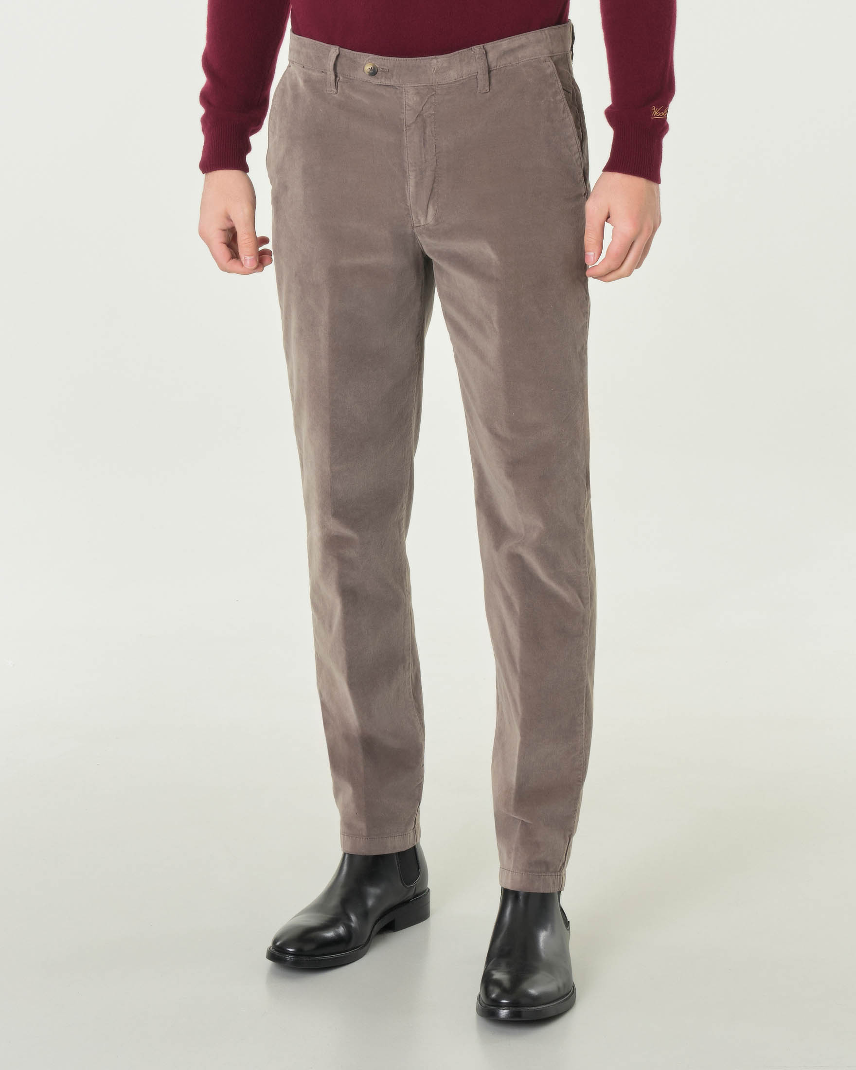 Pantaloni chino color fango slim-fit in velluto liscio di cotone stretch con piega stirata