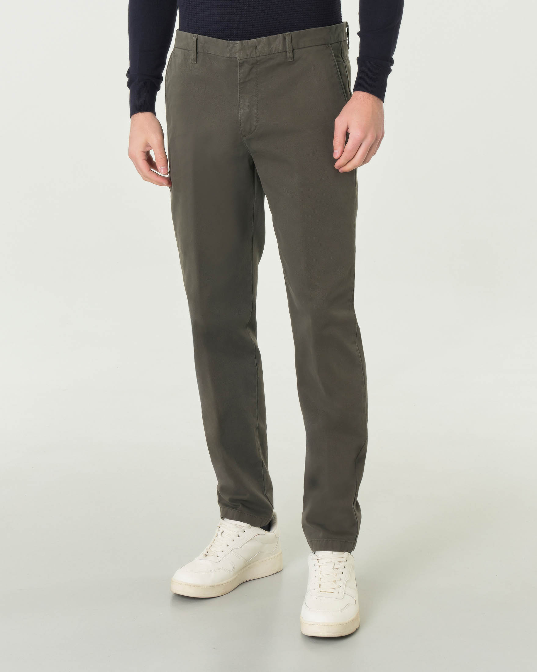 Pantalone chino verde militare slim-fit in tessuto micro-armatura a rombetti di cotone stretch