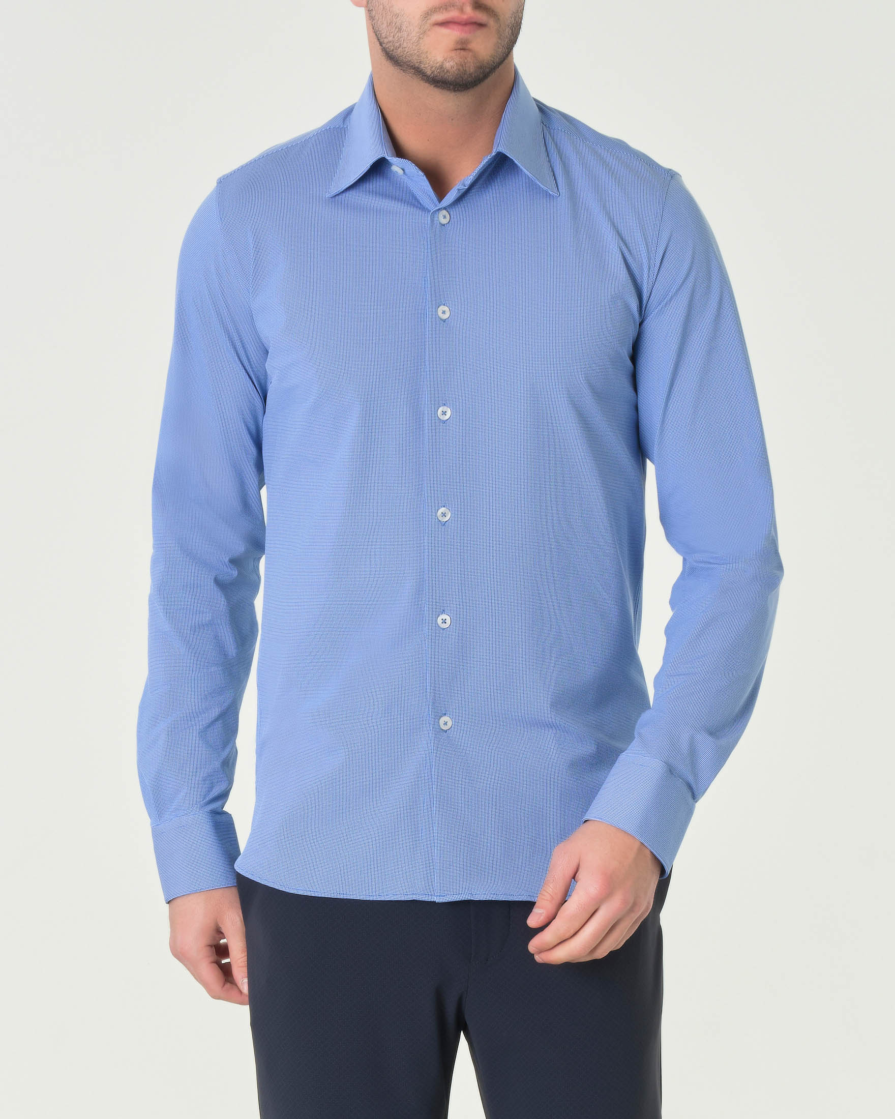 Camicia celeste slim-fit in tessuto Oxford tecnico con micro-fantasia a quadretti