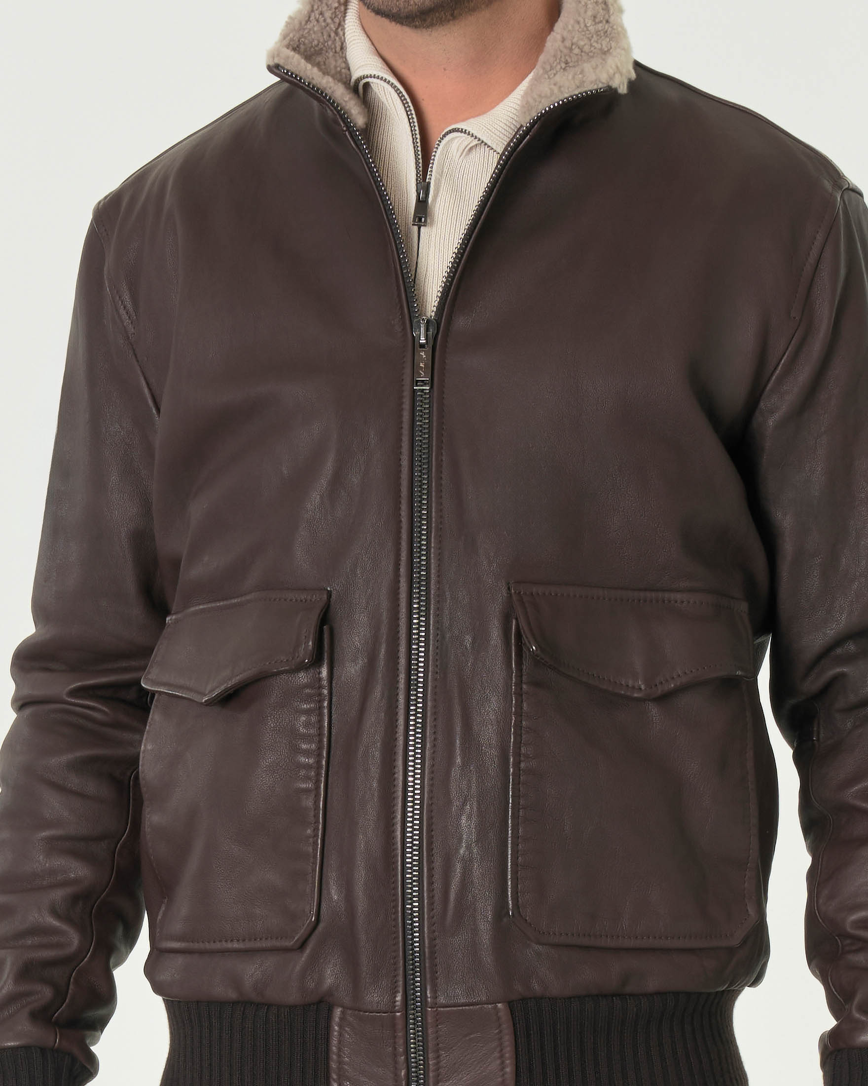 Giacca bomber Volfagli in vera pelle testa di moro con colletto interno in tessuto teddy image