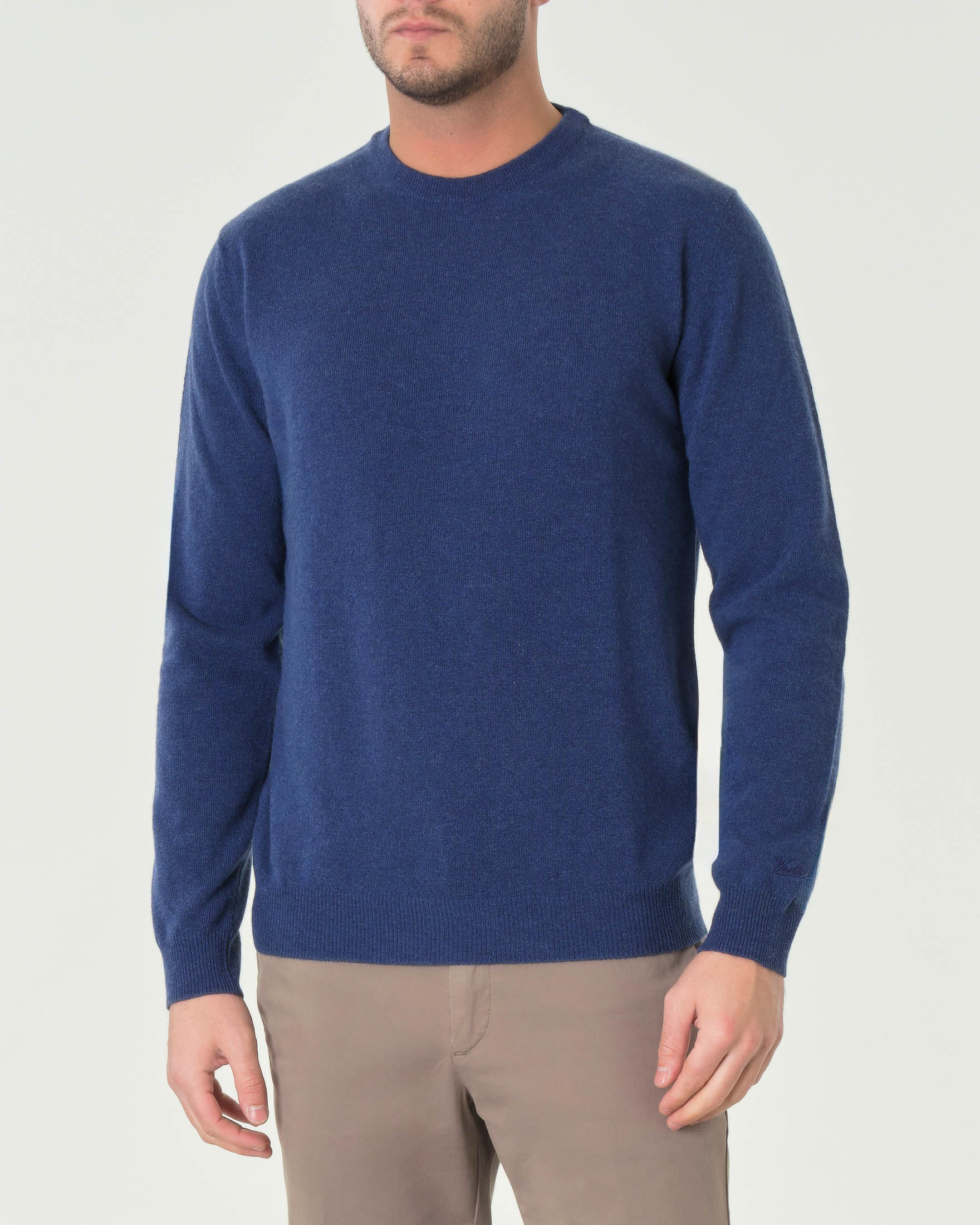Maglia girocollo Woolrich blu indaco in lambswool di pura lana con logo ricamato sul polso