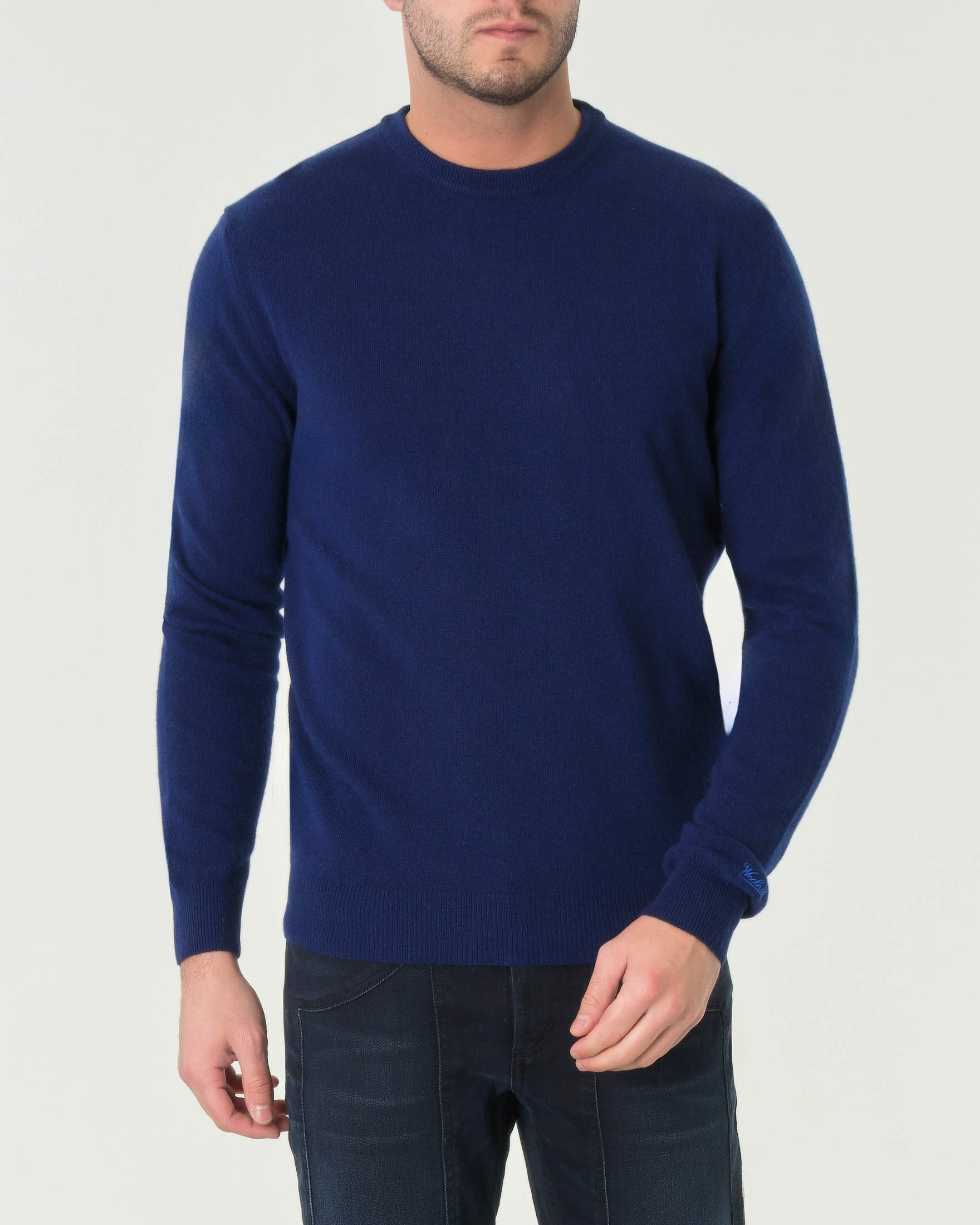 Maglia girocollo blu in lambswool di pura lana con logo ricamato sul polso