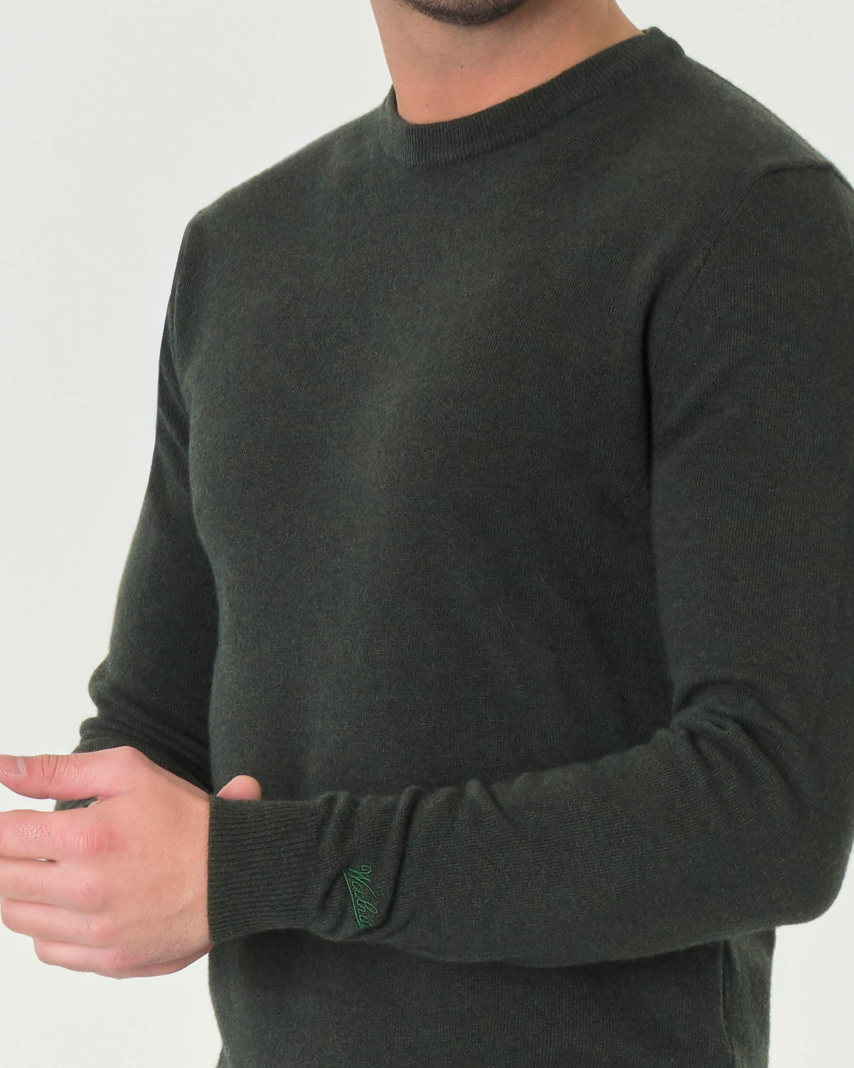 Maglia girocollo Woolrich verde militare in lambswool di pura lana