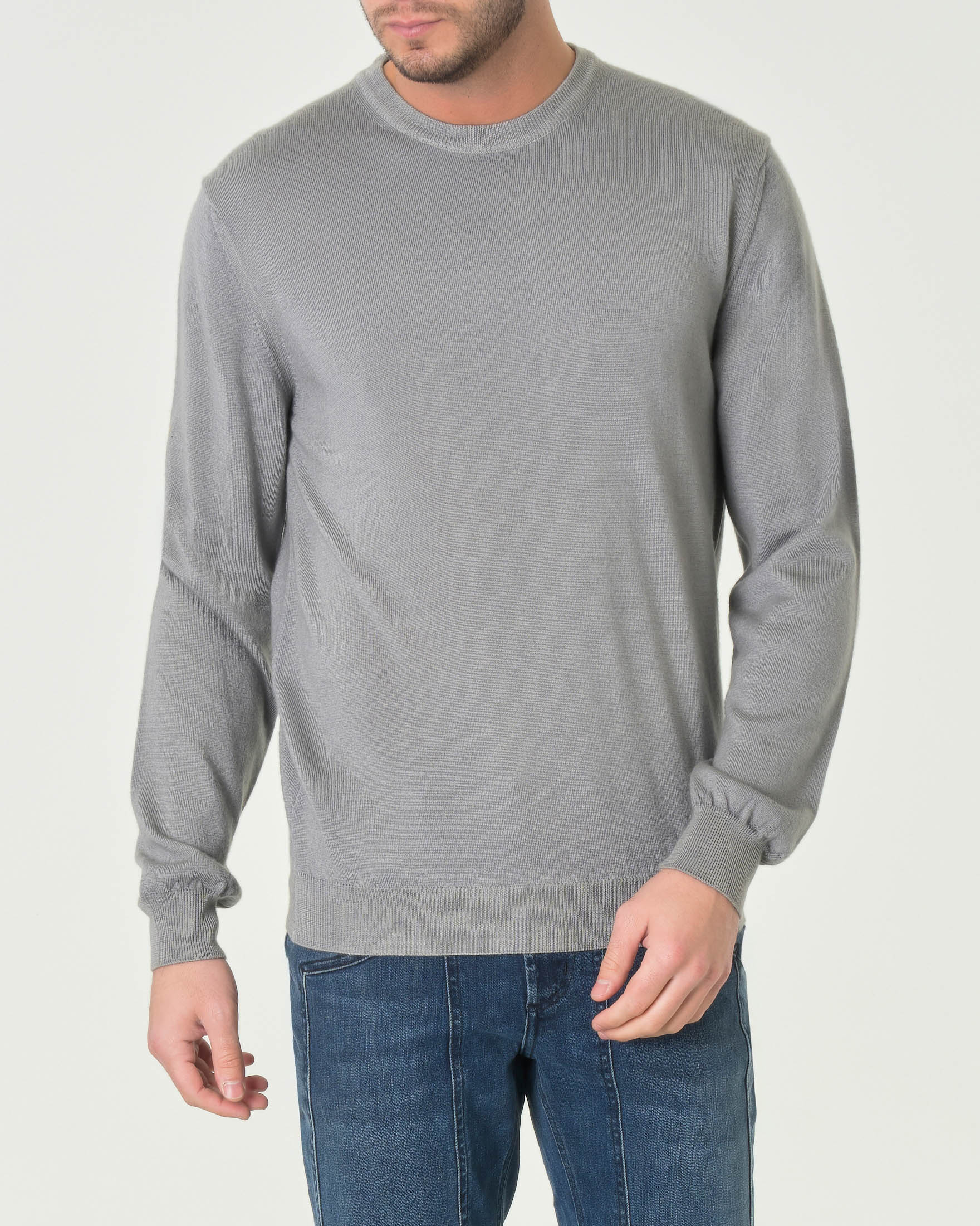 Maglia girocollo Woolrich grigio chiaro in pura lana con logo ricamato in tono sul fondo