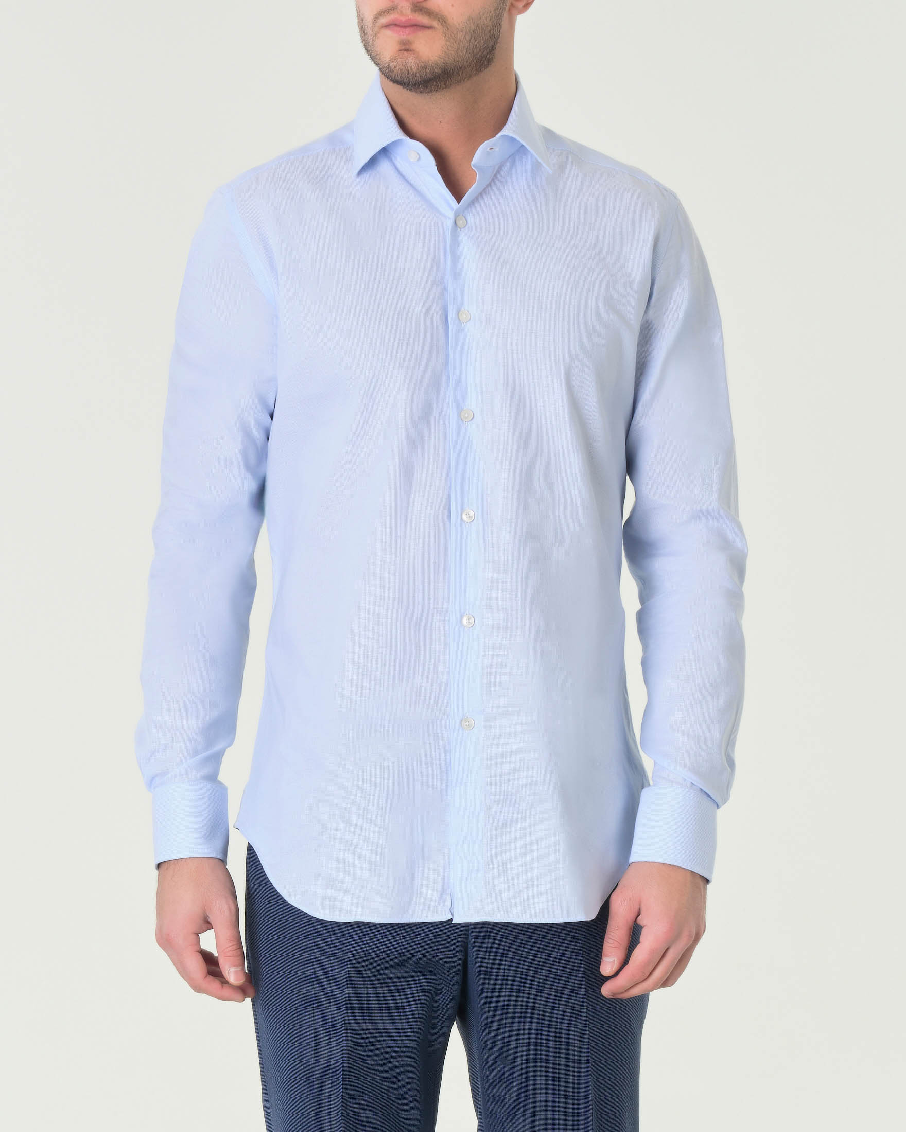 Camicia azzurra in puro cotone armaturato con colletto alla francese
