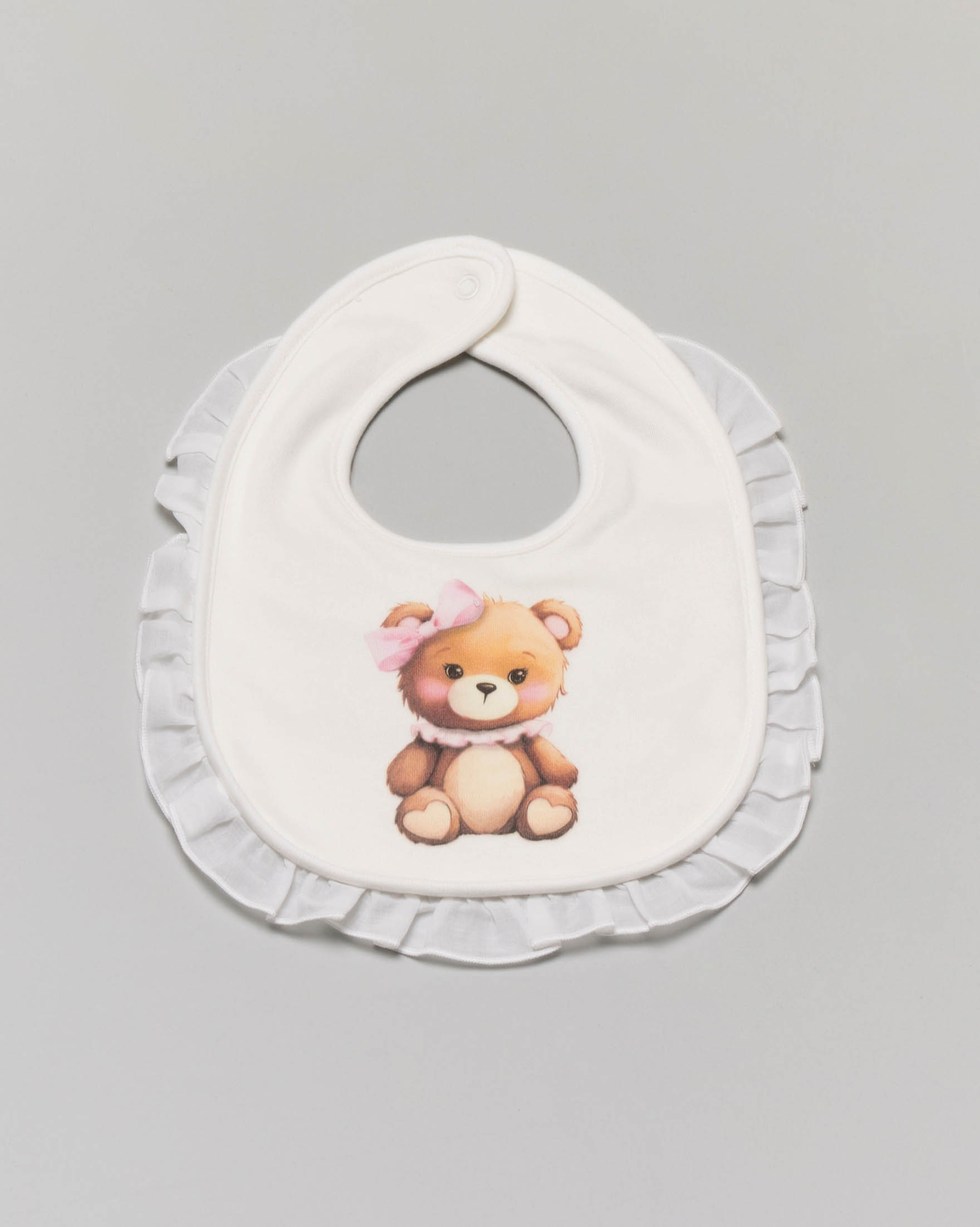 Bavaglino avorio con rouches e stampa orsetta