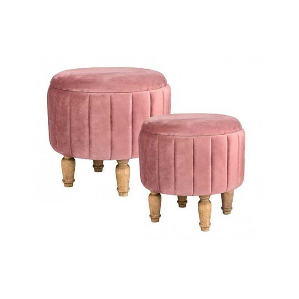 Vea Set 2 Pouf In Velluto Colore Rosa Antico Con Piedi In Legno Diametro 40X40H/Diametro 36X35H Cm