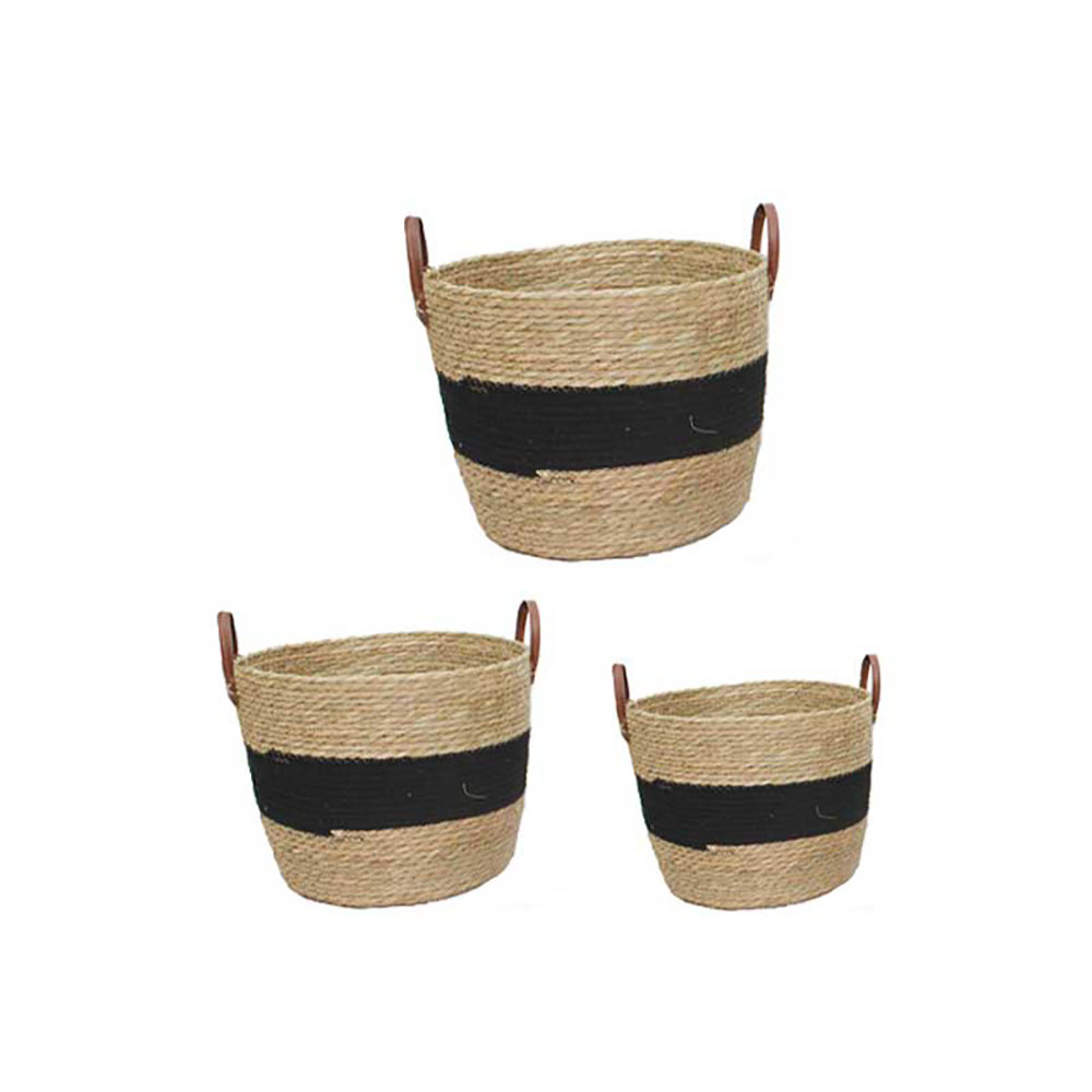 FGF Set 3 Ceste In Rattan Con Manici E Fascia Colore Nero Diametro 20X20H / Diametro 25X25H / Diametro 35X35H Cm