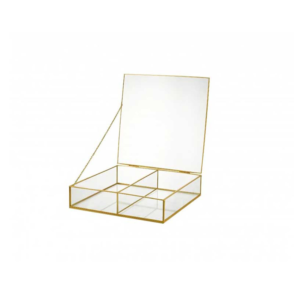 Cofanetto In Vetro Con Profili In Metallo Colore Oro A 2 Scomparti 16X16X5,5H Cm
